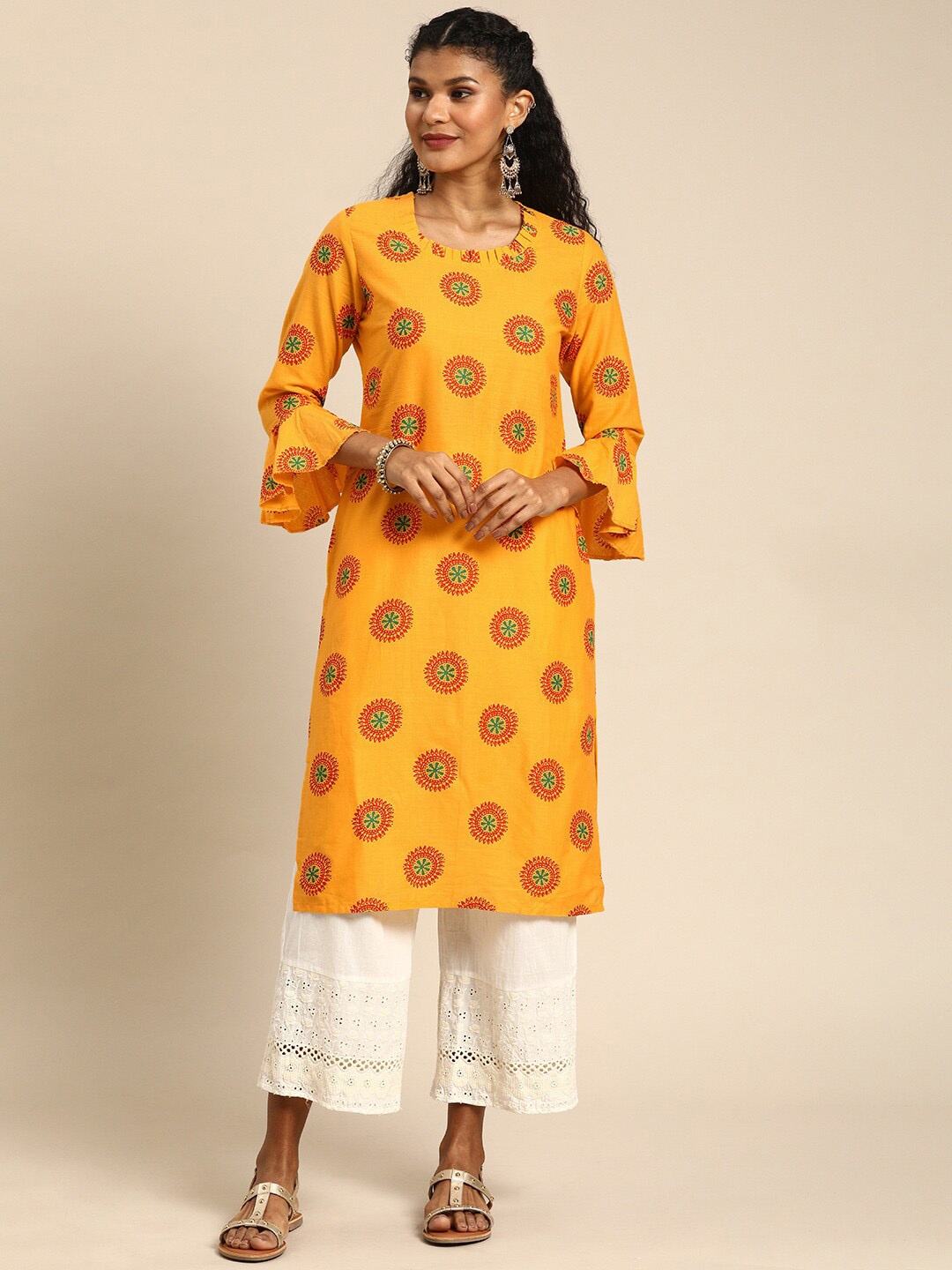 

KALINI Ethnic Motifs Printed Bell Sleeves Regular Pure Cotton Kurta, Mustard