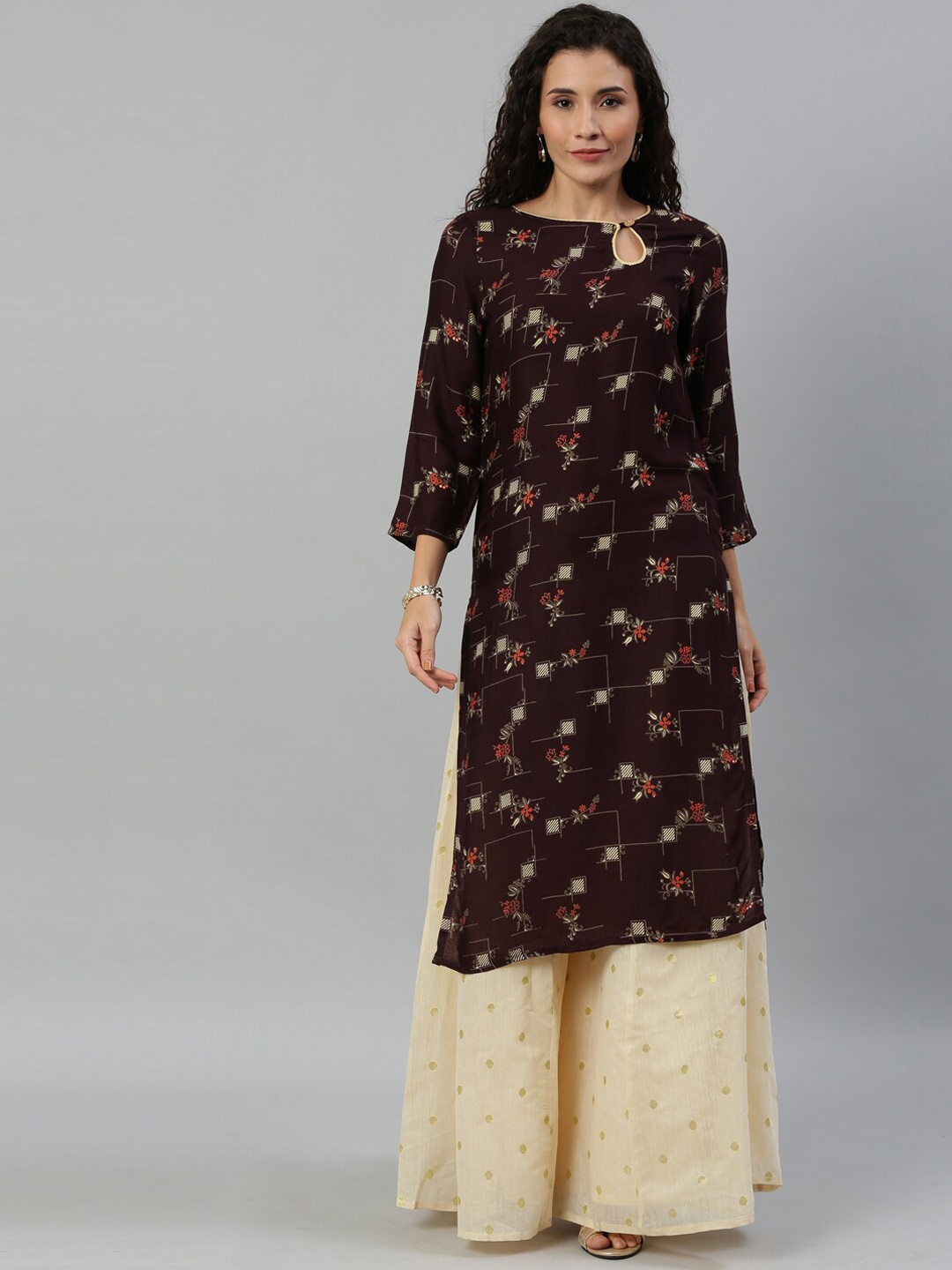 

KALINI Floral Printed Keyhole Neck Regular Kurta, Brown