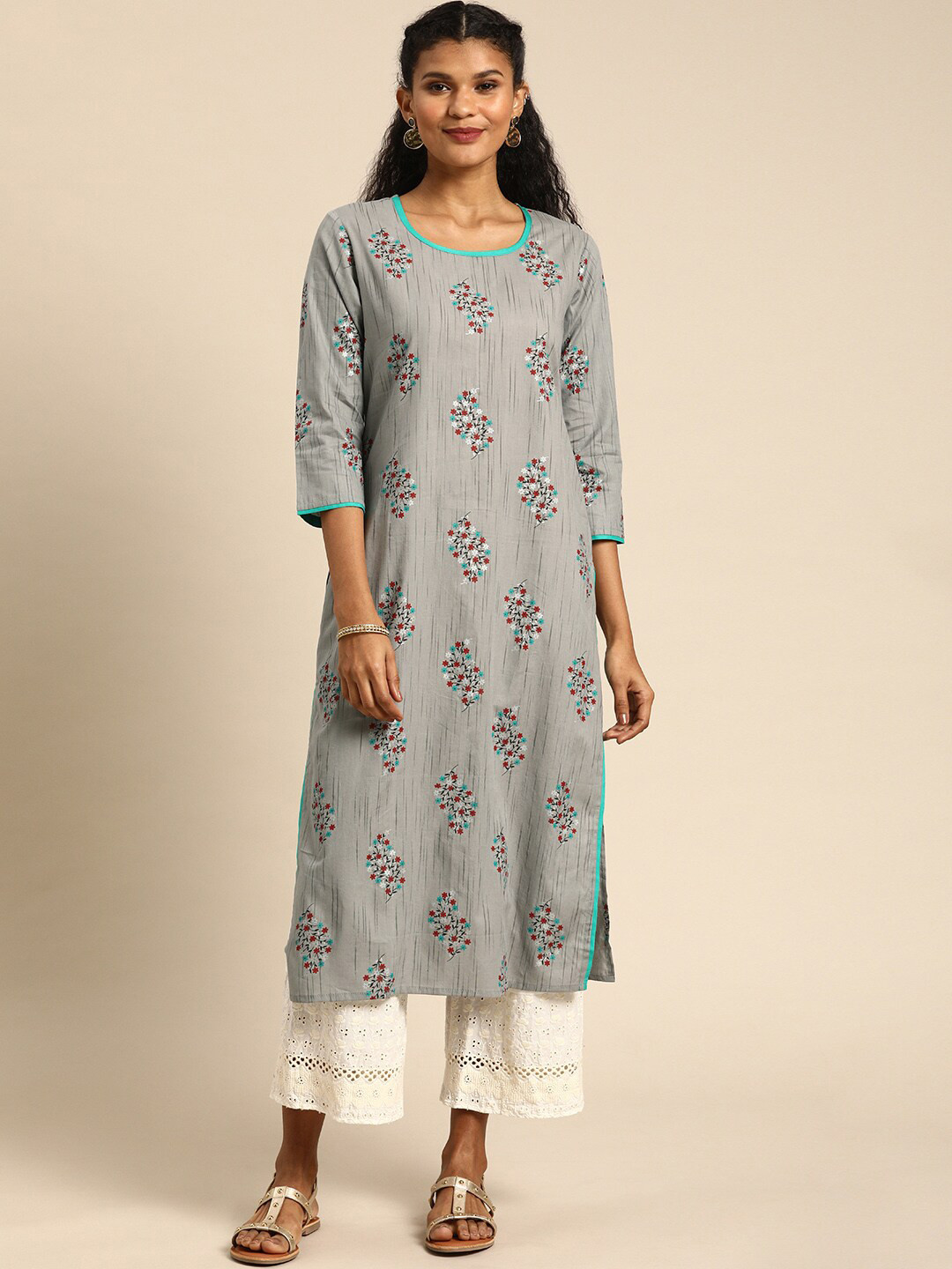 

KALINI Floral Printed Round Neck Regular Pure Cotton Kurta, Grey