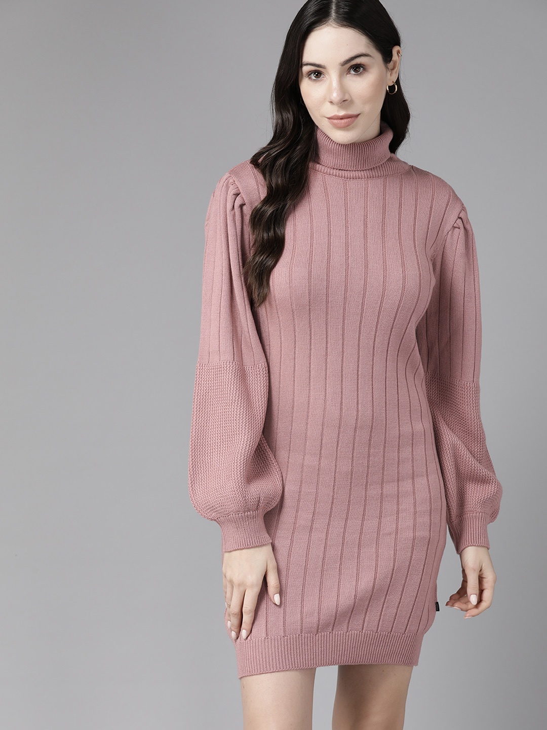 

The Roadster Lifestyle Co. Turtle Neck Puff Sleeves Ribbed Acrylic Jumper Dress, Rose