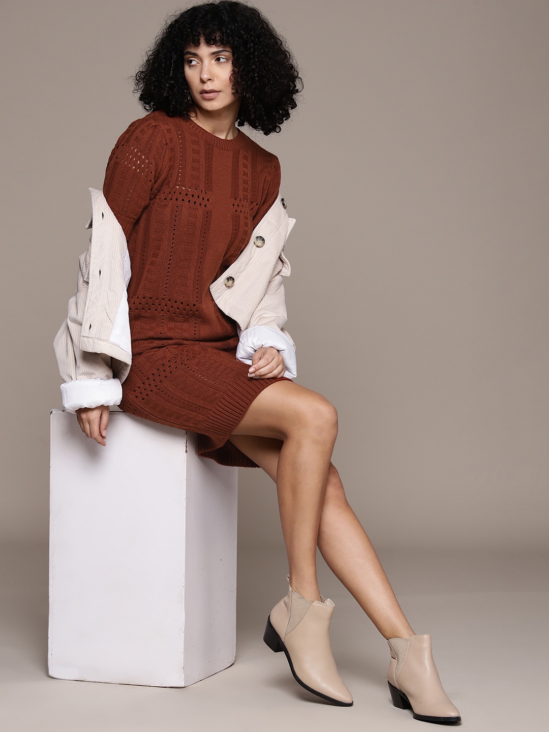 

The Roadster Lifestyle Co. Open Knit Puff Sleeves Acrylic Jumper Dress, Rust