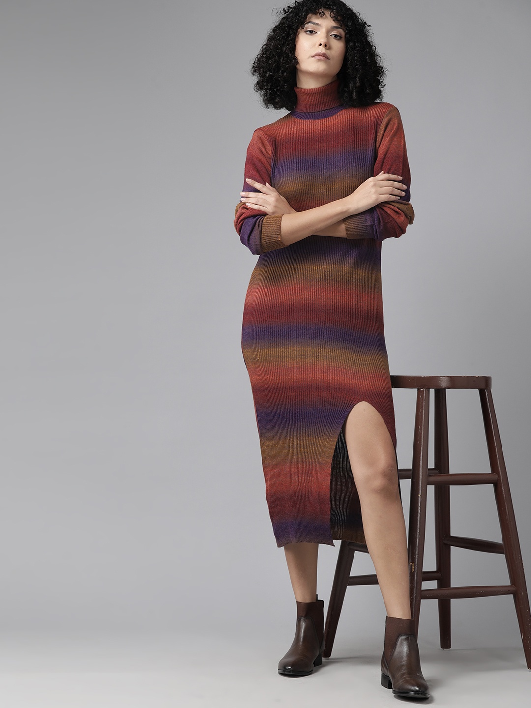 

The Roadster Lifestyle Co. Striped Front Slit Acrylic Sweater Dress, Rust