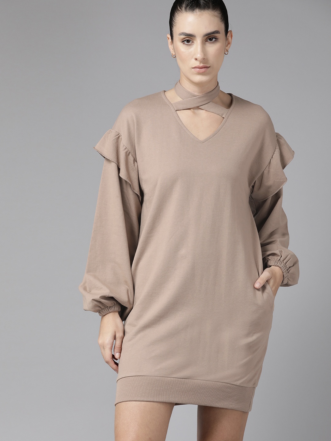 

The Roadster Lifestyle Co. Stylised V-Neck Solid Puff Sleeves Jumper Dress, Beige