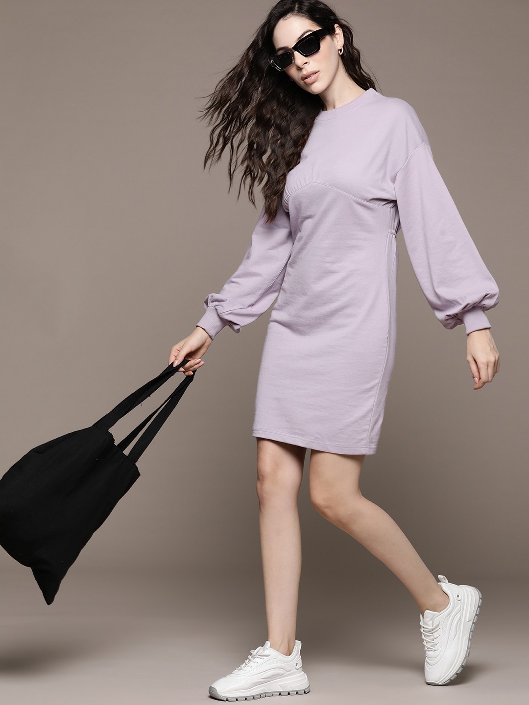 

The Roadster Lifestyle Co. Solid Drop-Shoulder Bishop Sleeves Jumper Dress, Mauve