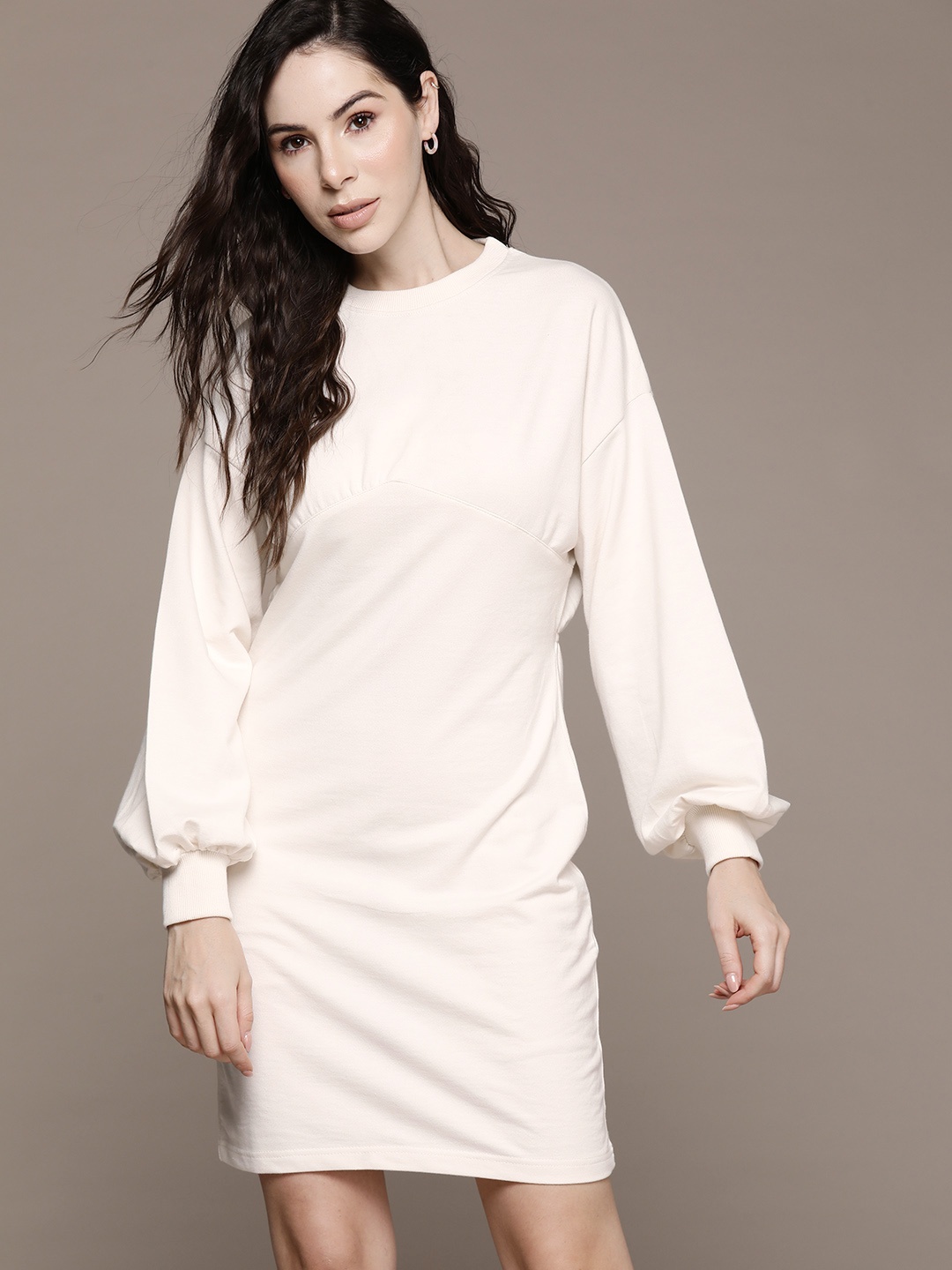 

The Roadster Lifestyle Co. Solid Drop-Shoulder Bishop Sleeves Jumper Dress, Off white