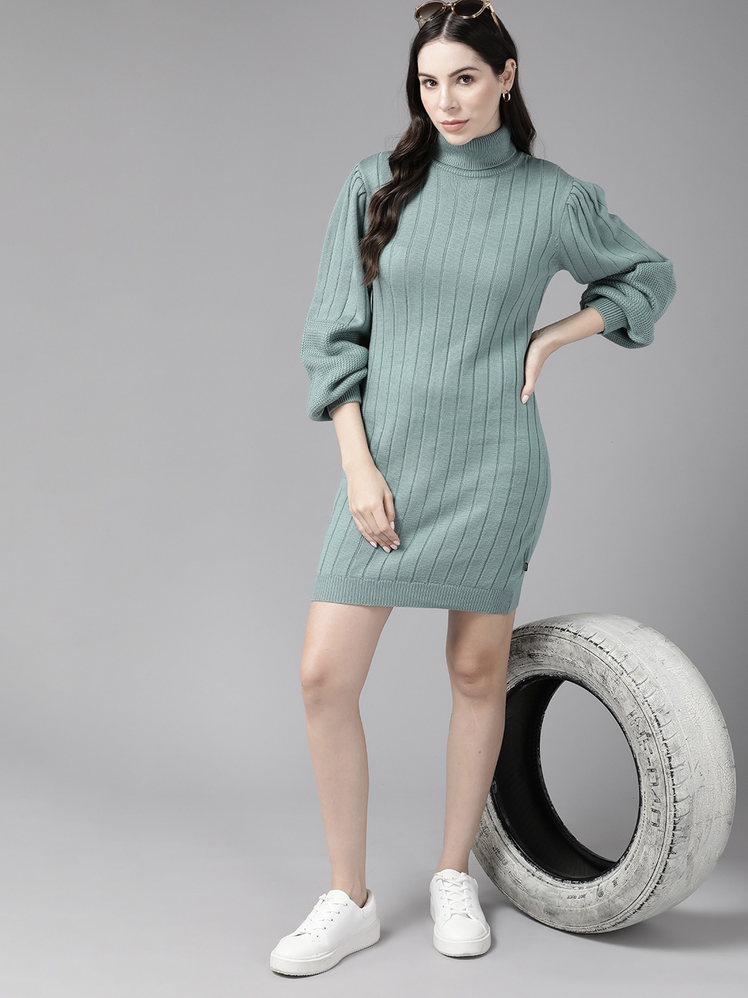 

The Roadster Lifestyle Co. Turtle Neck Puff Sleeves Solid Acrylic Jumper Dress, Sea green