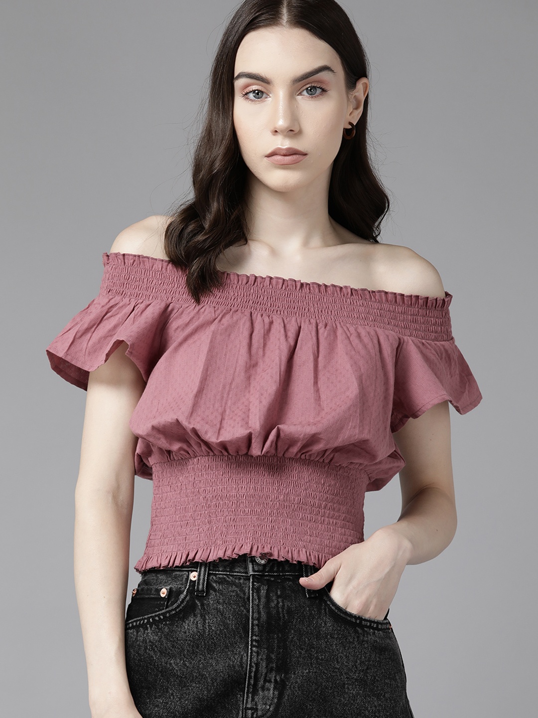 

The Roadster Lifestyle Co. Smocked Dobby Weave Cotton Cinched Waist Bardot Top, Rust