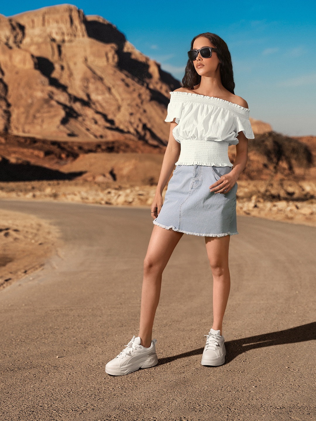 

The Roadster Lifestyle Co. Smocked Dobby Weave Cotton Cinched Waist Bardot Top, Off white