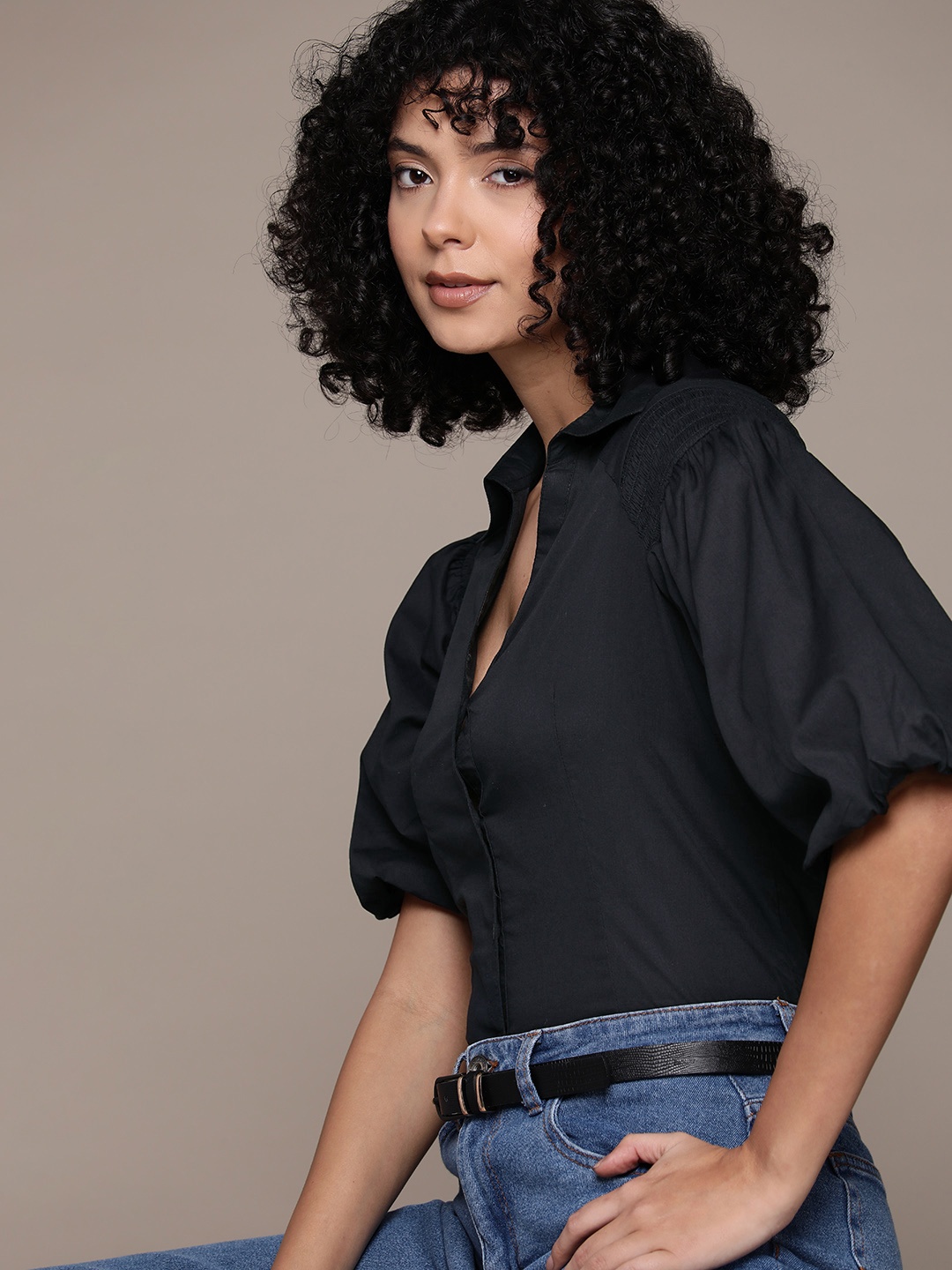 

The Roadster Lifestyle Co. Puff Sleeves Cotton Smocked Casual Shirt, Black
