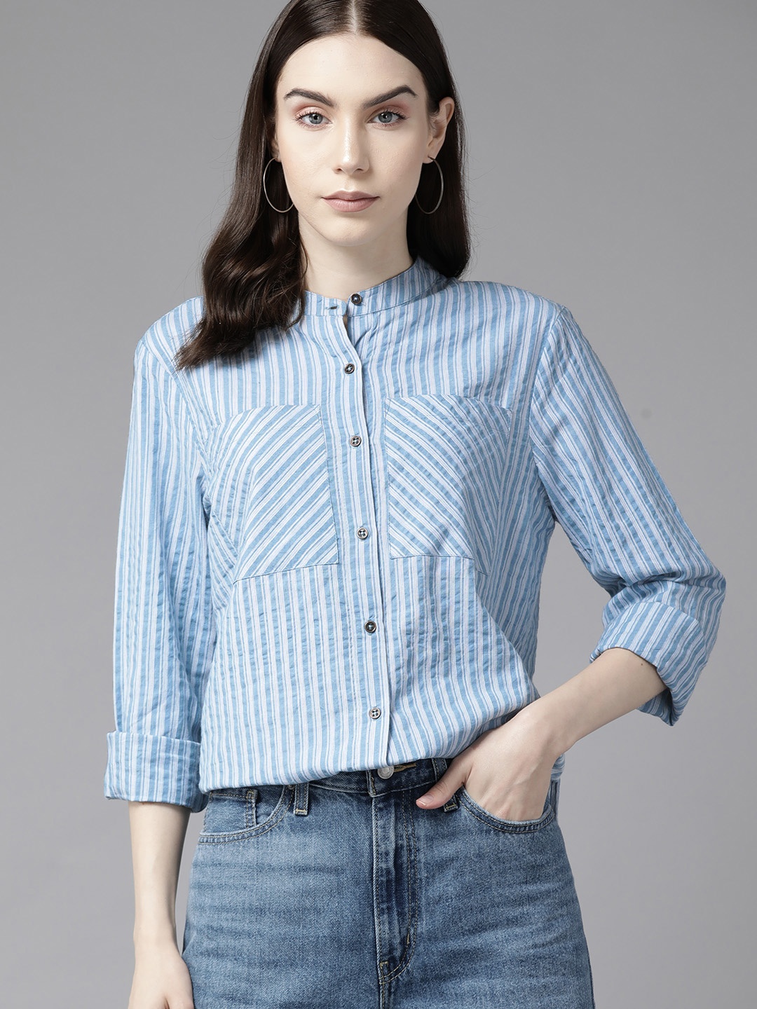 

The Roadster Lifestyle Co. Pocket Detail Multi Striped Cotton Casual Shirt, Blue