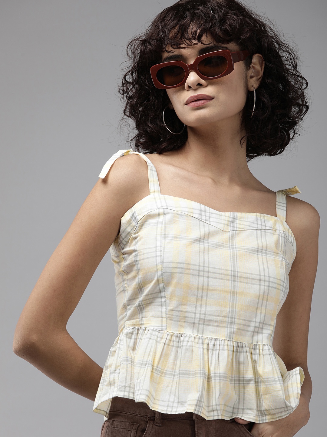 

The Roadster Life Co. Checked Pure Cotton Peplum Top, Yellow