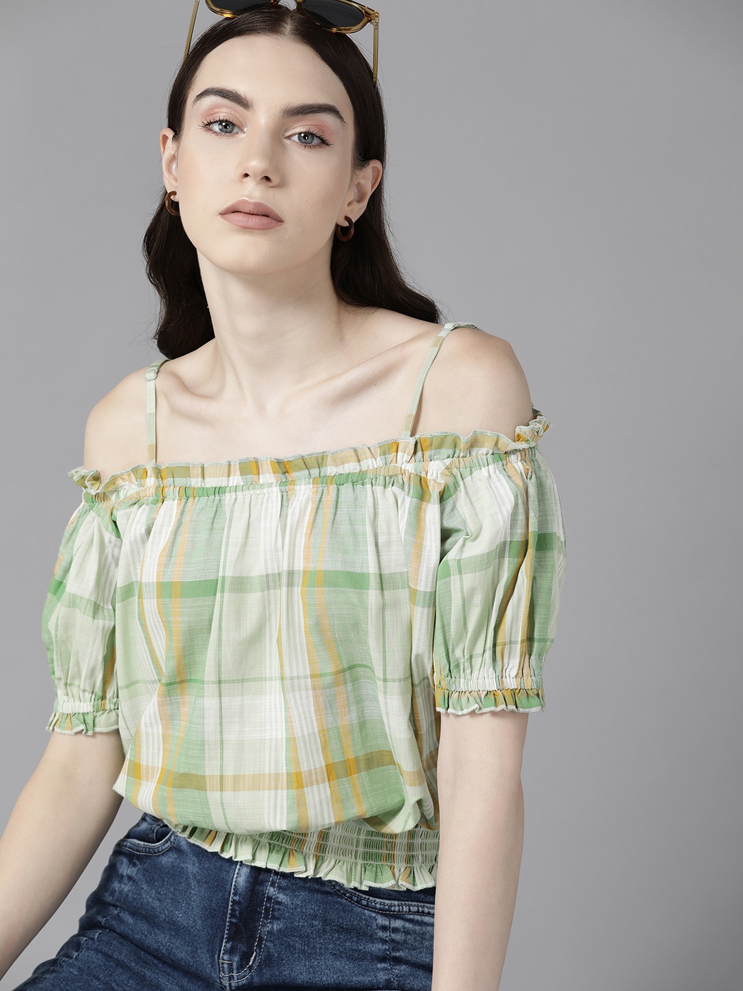 

The Roadster Lifestyle Co. Checked Off-Shoulder Cotton Bardot Top, Green