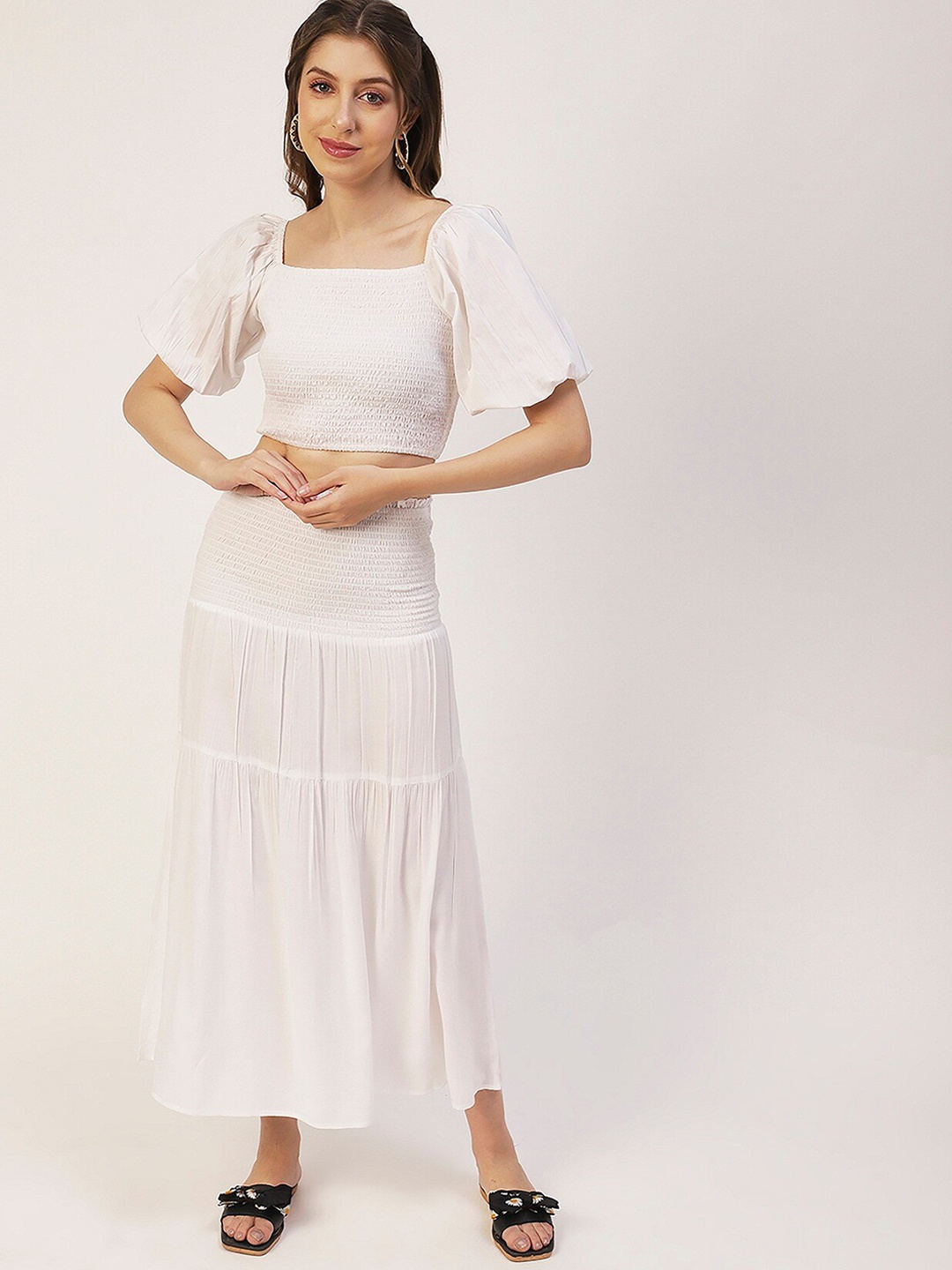 

Moomaya High Waist Smocked Tiered Midi Skirt, White