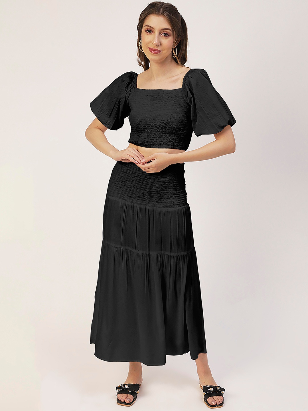 

Moomaya High Waist Smocked Tiered Midi Skirt, Black