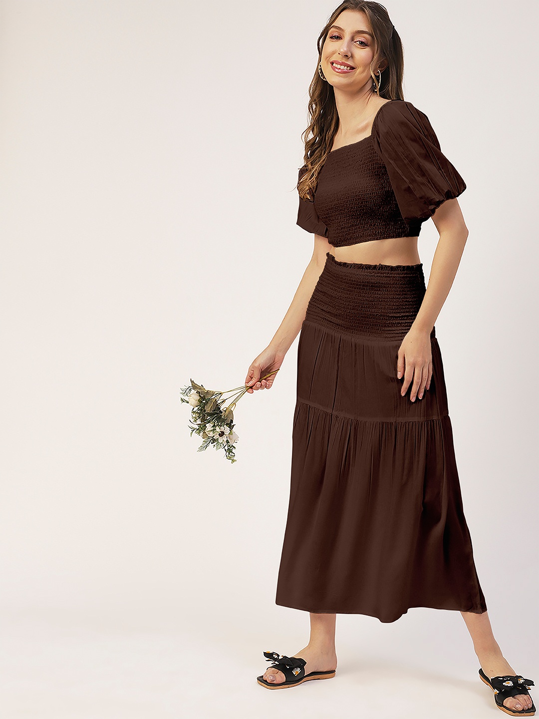 

Moomaya High Waist Smocked Tiered Midi Skirt, Brown