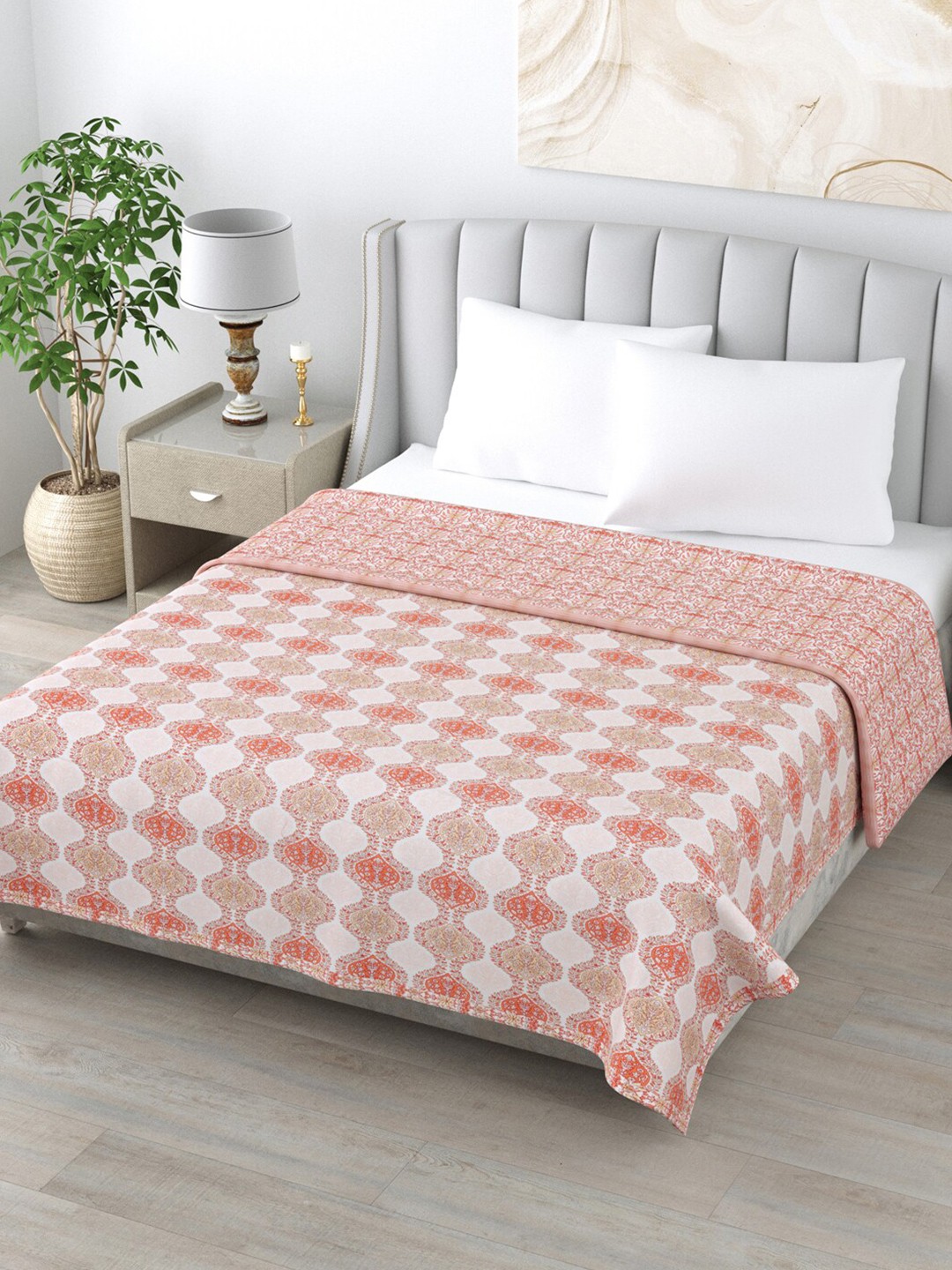 

Home Fresh Rosemary Orange & White Printed AC Room 210 GSM Pure Cotton Double Bed Dohar