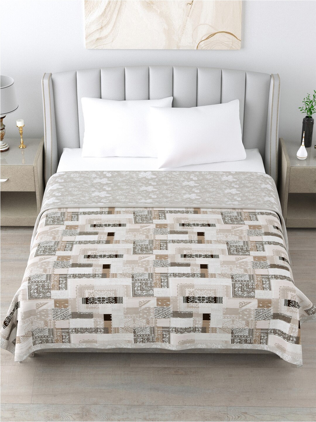 

Home Fresh Grey & Brown Geometric AC Room Cotton 210 GSM Double Bed Dohar