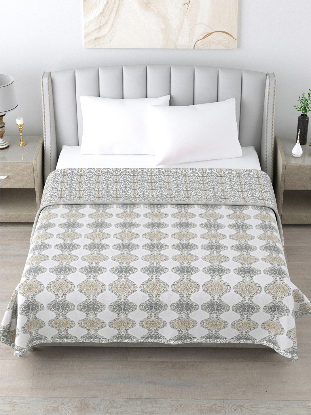 

Home Fresh Rosemary Grey & Yellow Floral Pure Cotton AC Room 210 GSM Double Bed Dohar