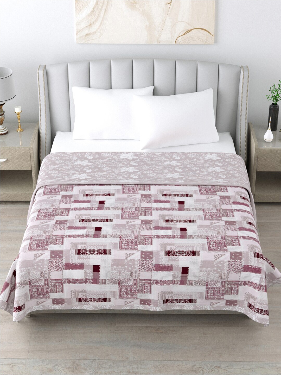 

Home Fresh Rosemary Pink & Off White Printed AC Room 210 GSM Pure Cotton Double Bed Dohar