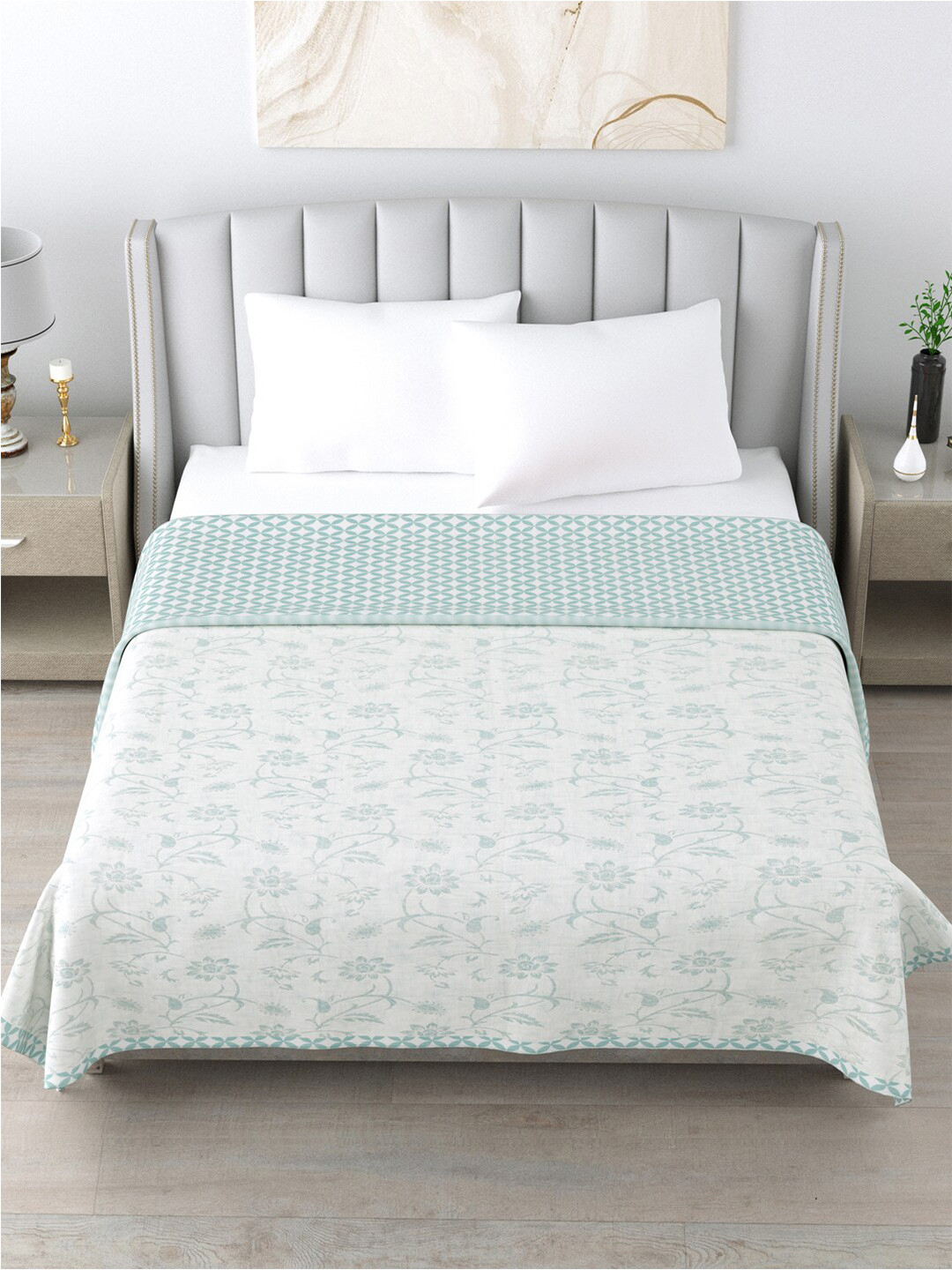 

Home Fresh Rosemary Green & Off White Printed AC Room 210 GSM Pure Cotton Double Bed Dohar