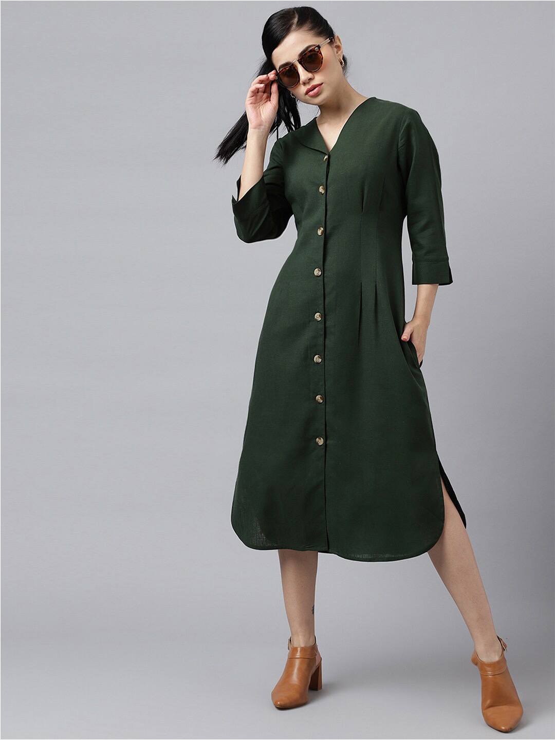 

Hancock V-Neck Three-Quarter Sleeves Cotton Shirt Style Dress, Green