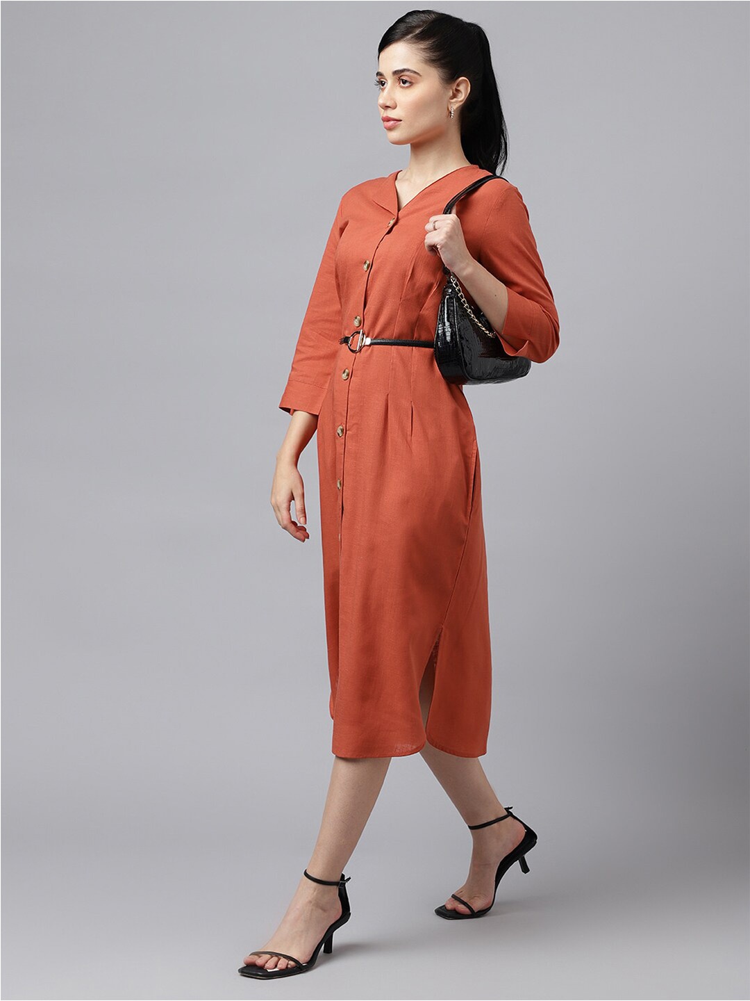 

Hancock V-Neck Three-Quarter Sleeves Cotton Shirt Style Dress, Rust
