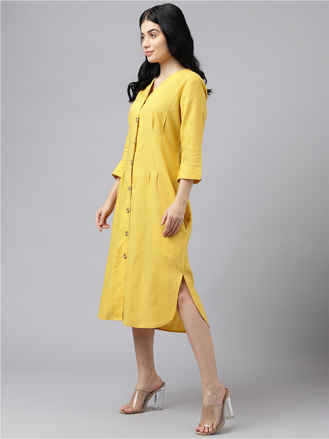 

Hancock Collarless Collarless Belted Cotton Shirt Midi Dress, Yellow