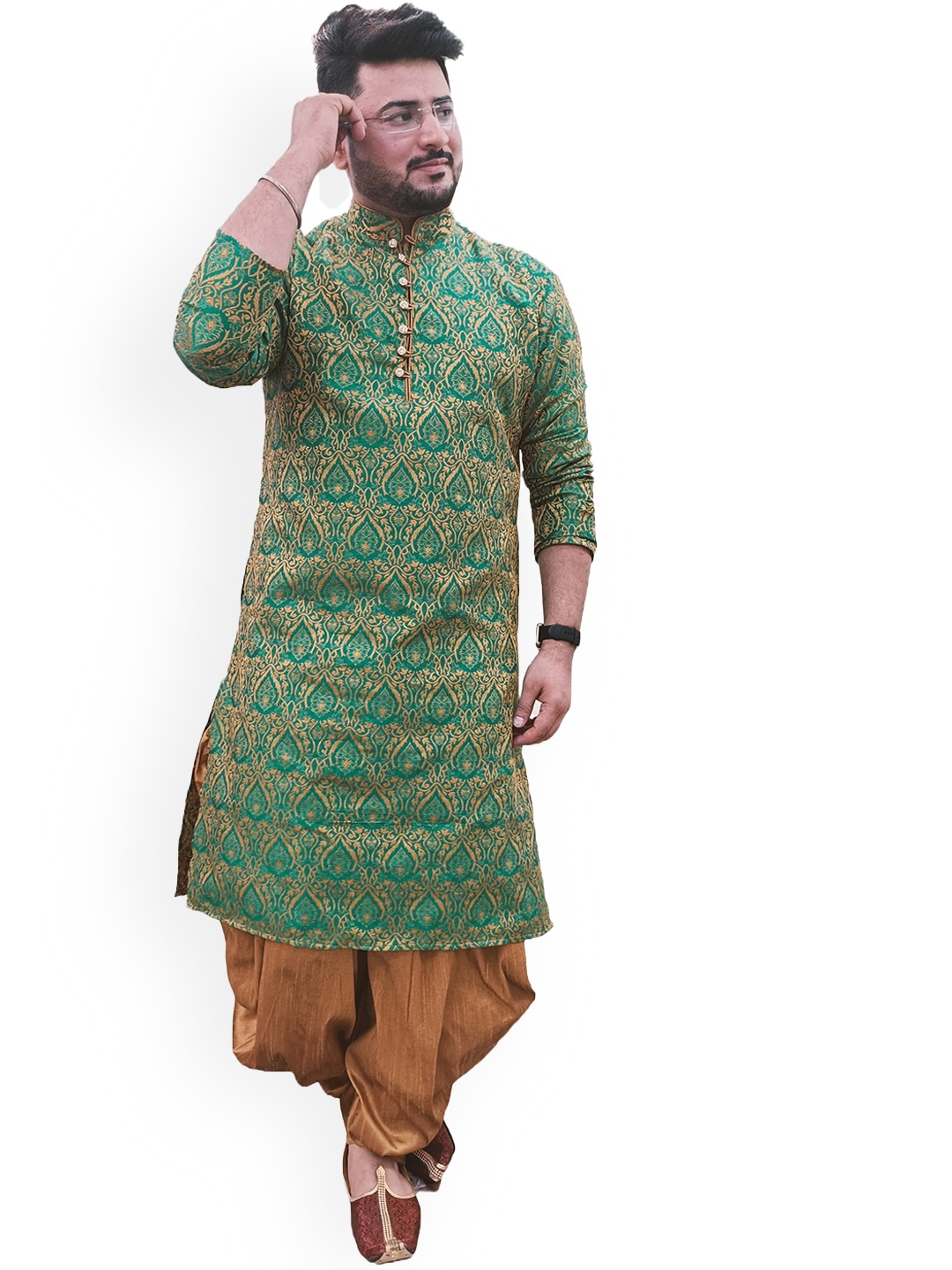 

Sydney Heights Ethnic Motifs Woven Design Kurta With Dhoti Pants, Green