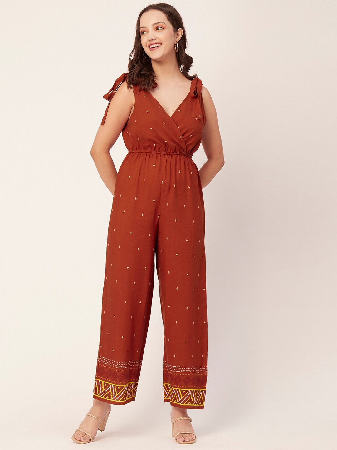 

Moomaya Printed V-Neck Waist Tie-ups Basic Jumpsuit, Orange