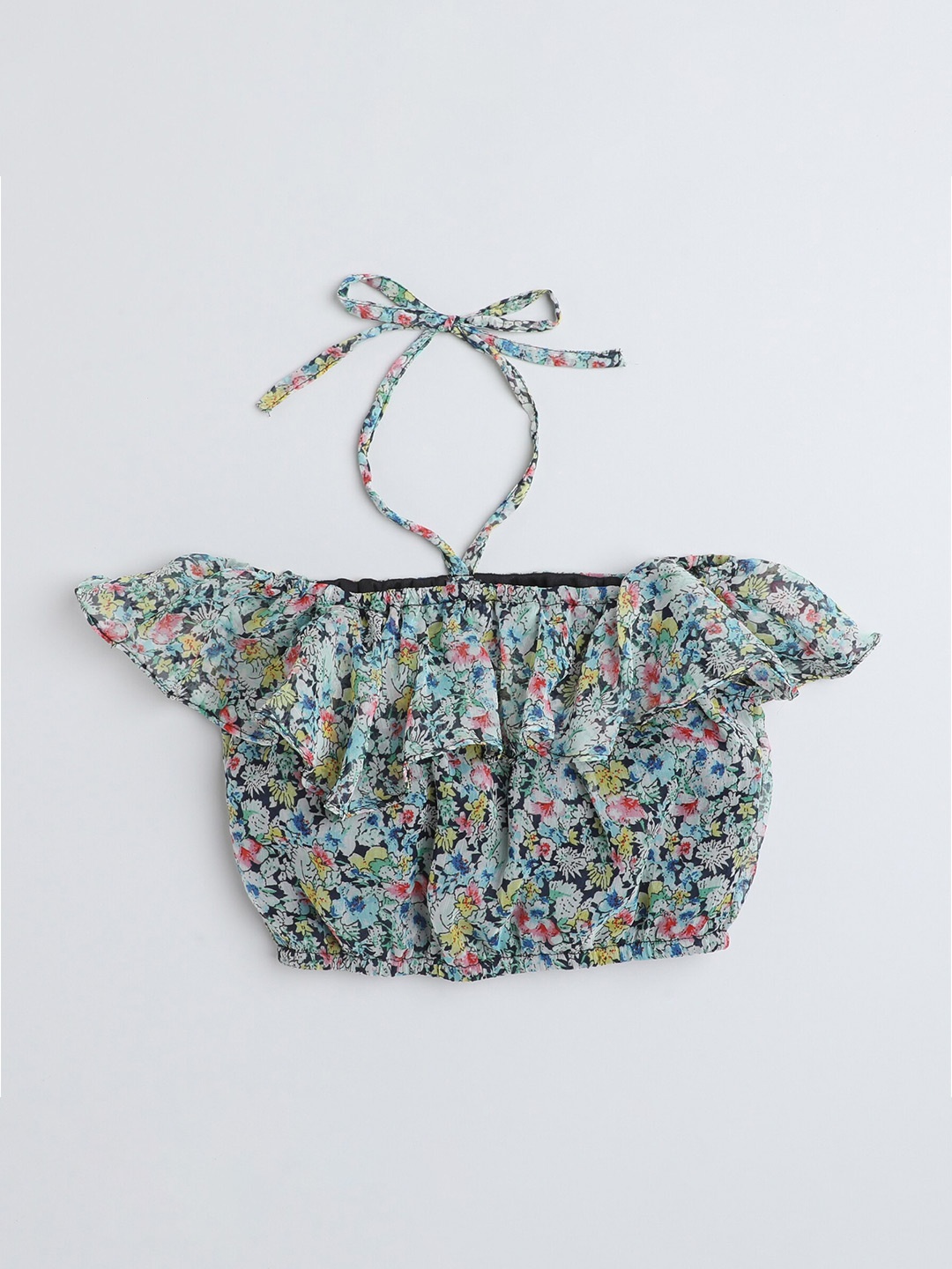

taffykids Girls Floral Printed Off-Shoulder Ruffled Chiffon Crop Blouson Top, White