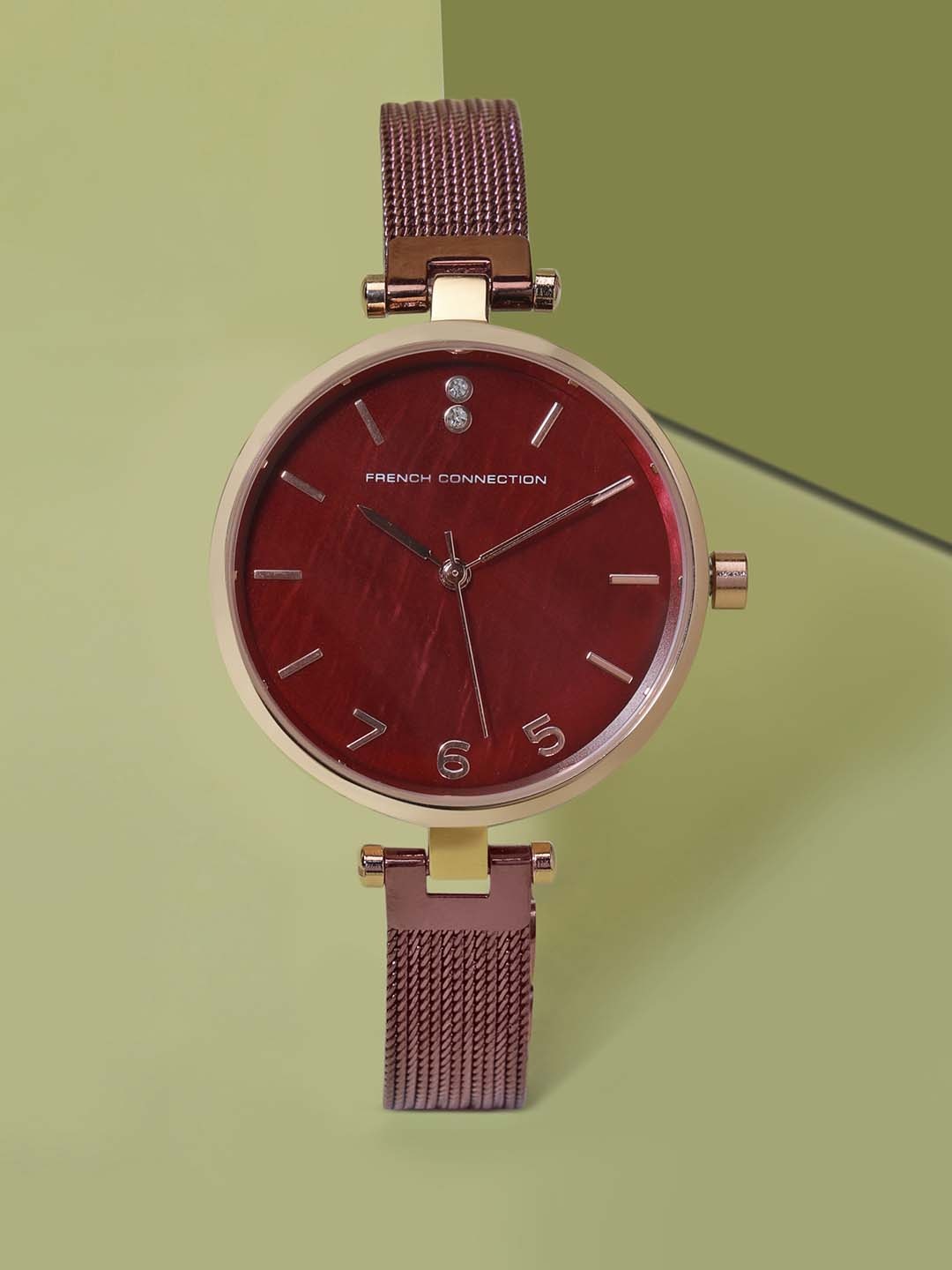 

French Connection Women Dial & Stainless Steel Bracelet Style Straps Analogue Watch, Burgundy