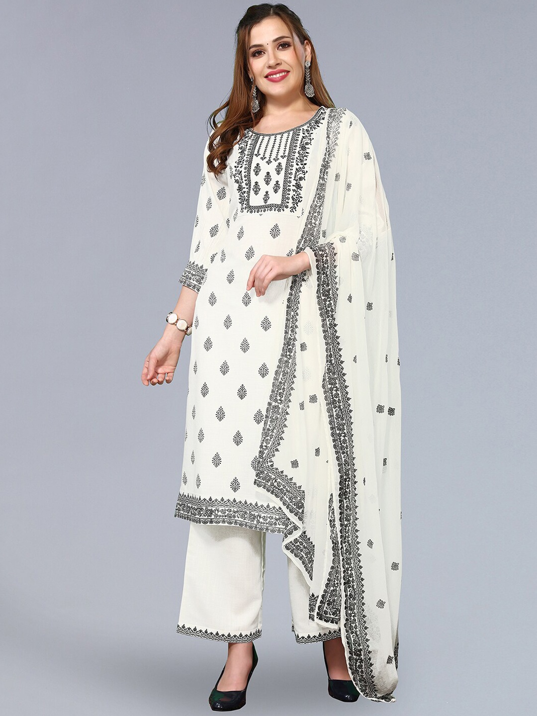 

KALINI Floral Motifs Printed Thread Work Kurta & Trousers with Dupatta, White