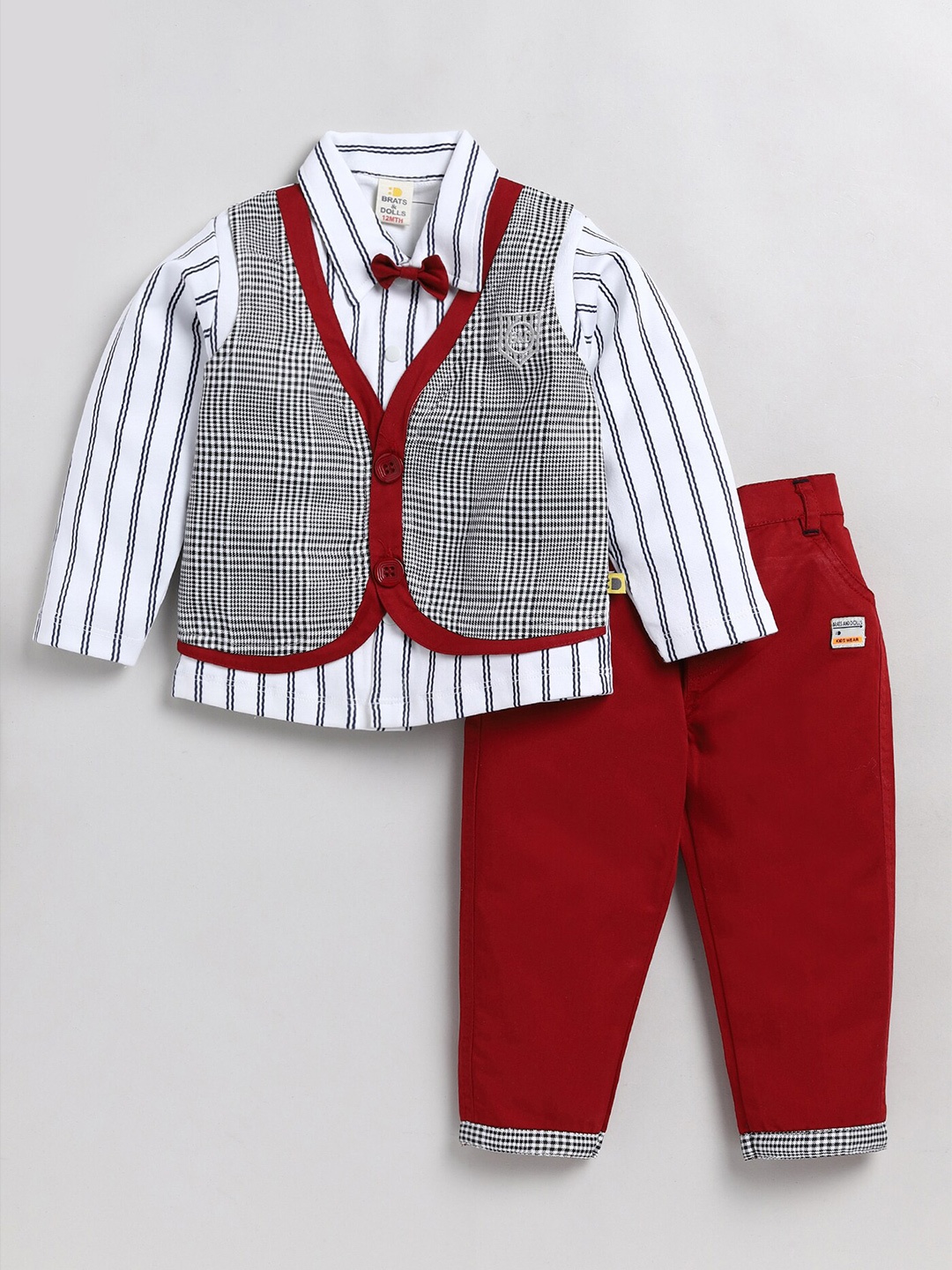 

BRATS AND DOLLS Boys Striped Pure Cotton Shirt With Trousers, Red
