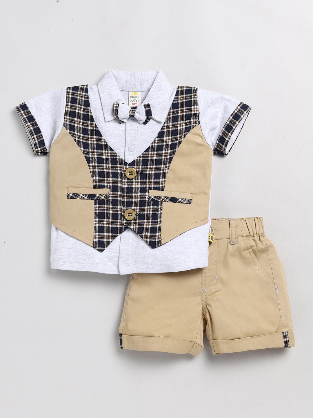 

BRATS AND DOLLS Boys Printed Pure Cotton Shirt with Shorts, Khaki