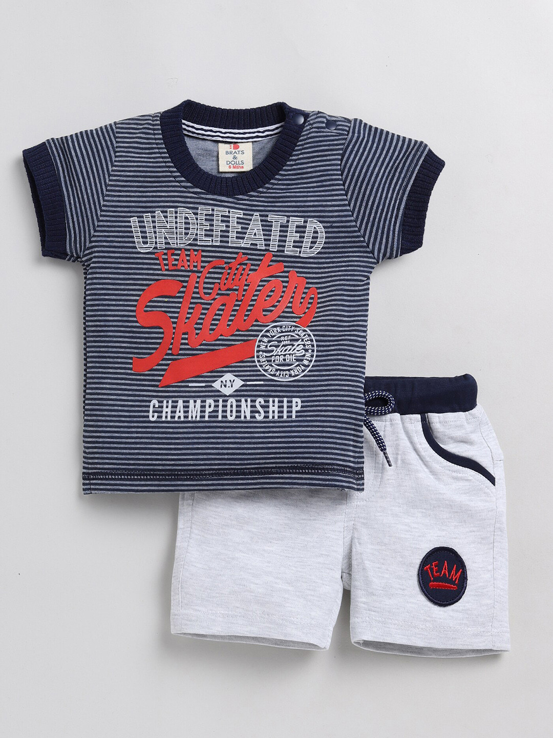 

BRATS AND DOLLS Boys Printed Pure Cotton T-shirt with Shorts, Navy blue