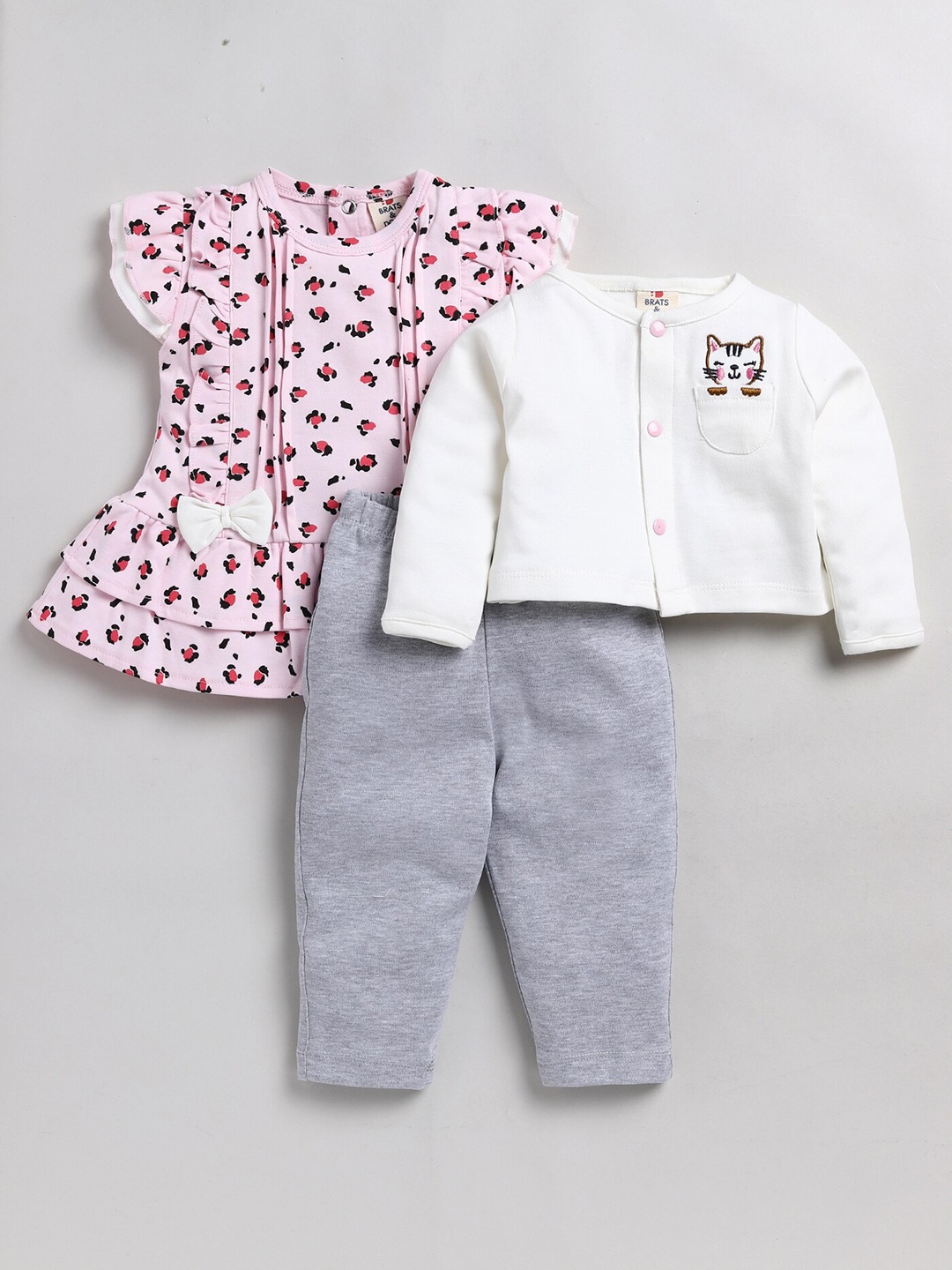 

BRATS AND DOLLS Girls Printed Top With Pyjamas & Jacket, Pink