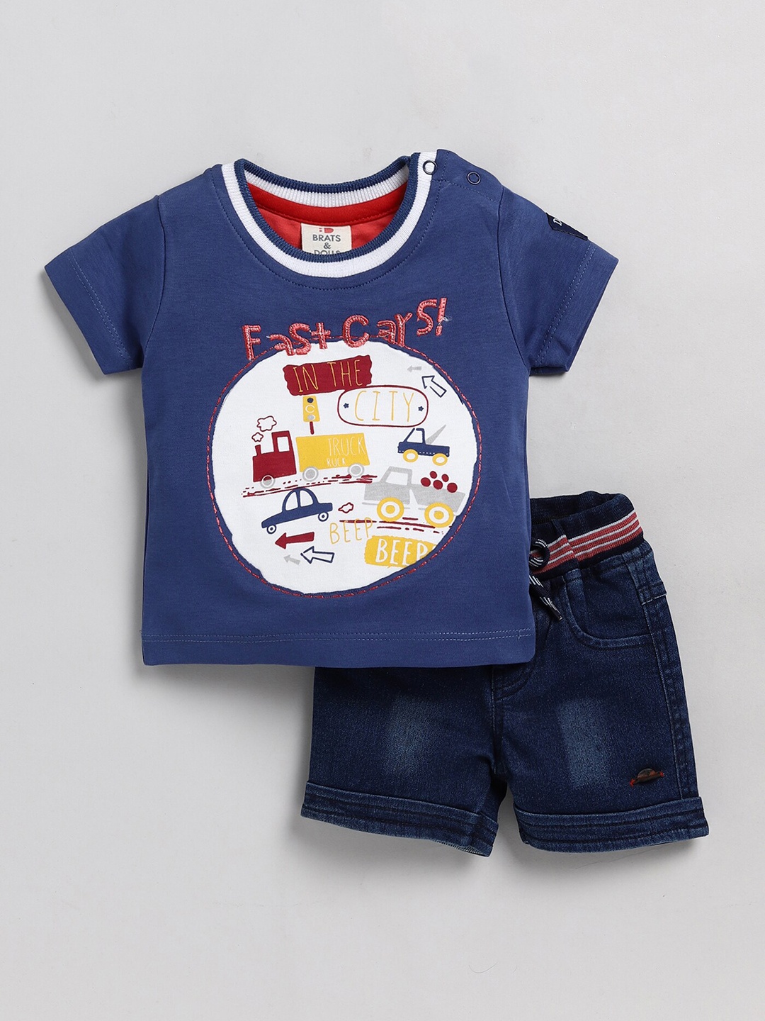 

BRATS AND DOLLS Boys Graphic Printed Pure Cotton T-shirt With Shorts, Blue