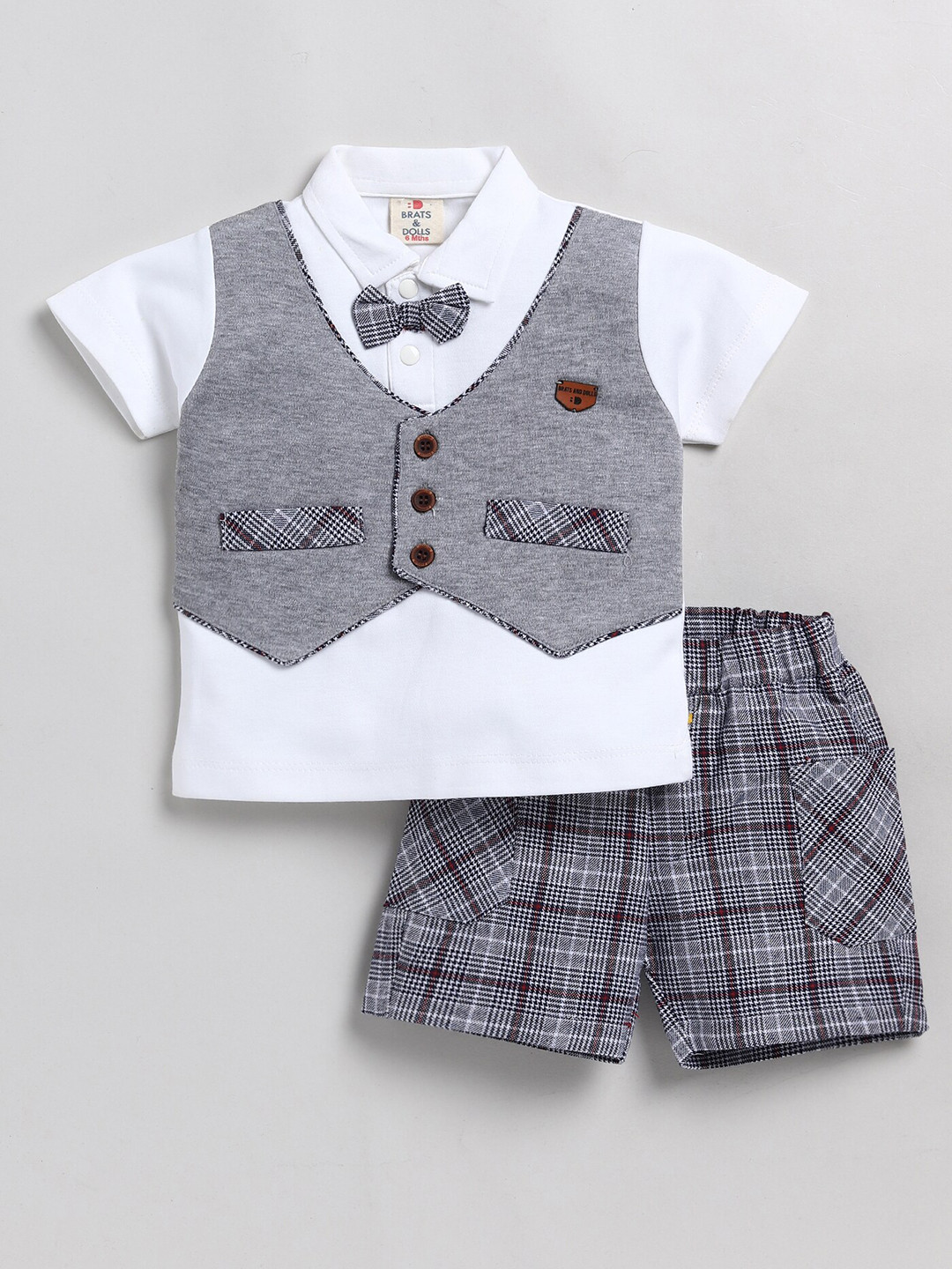 

BRATS AND DOLLS Boys Checked Pure Cotton Shirt With Shorts, Grey