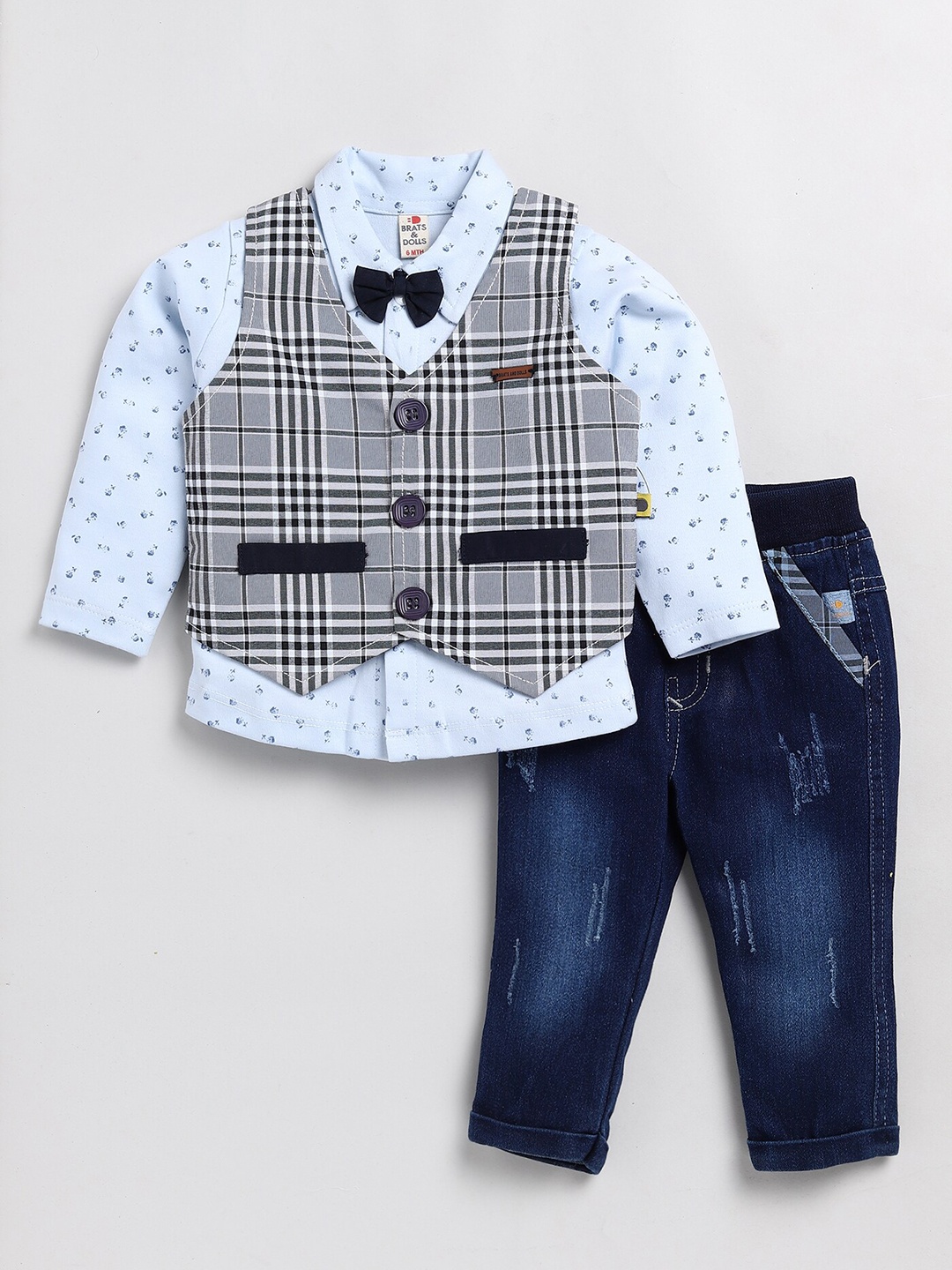 

BRATS AND DOLLS Boys Printed Pure Cotton Shirt With Trousers & Waistcoat, Blue