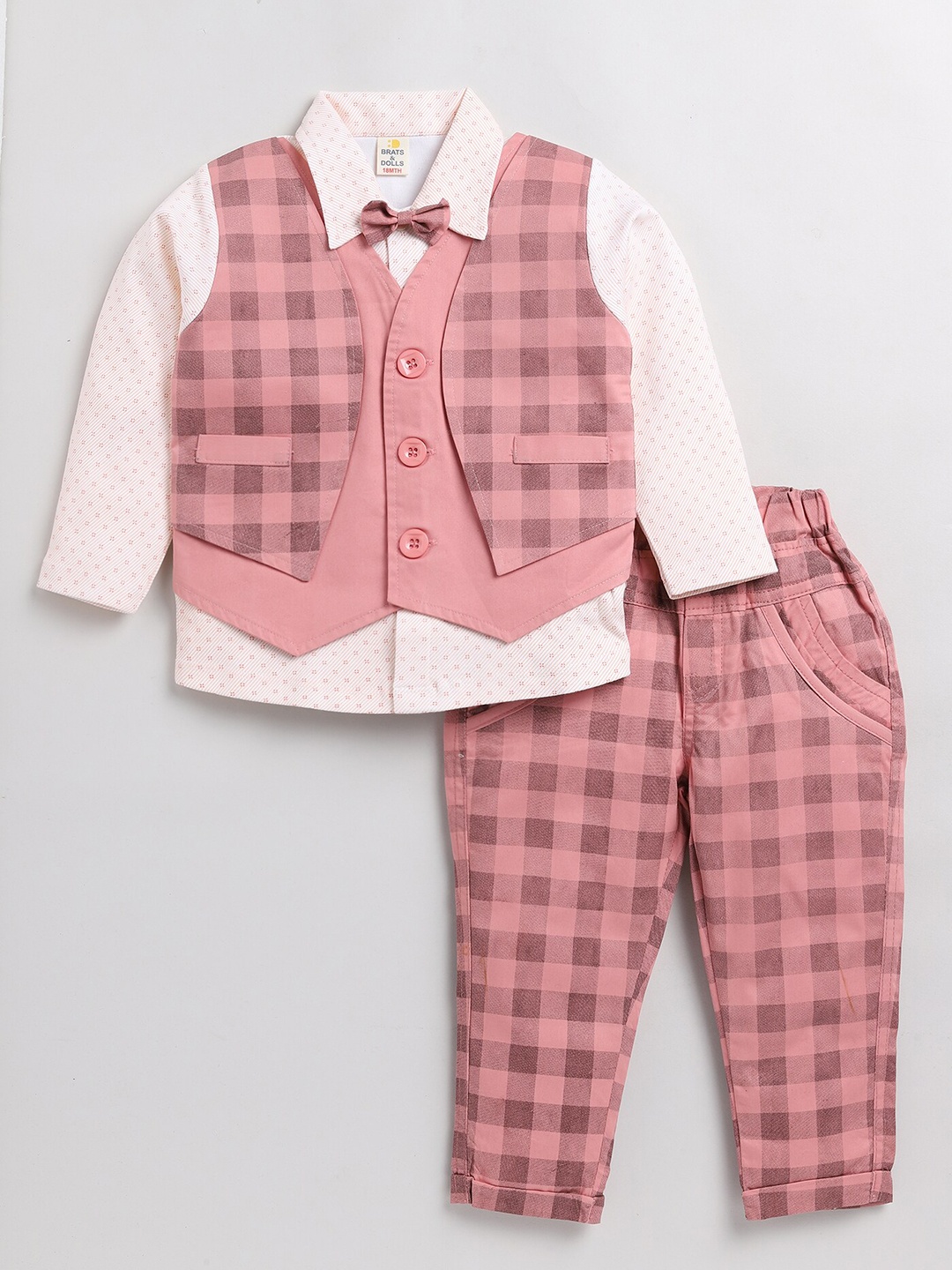 

BRATS AND DOLLS Boys Checked Pure Cotton Shirt With Trousers, Pink