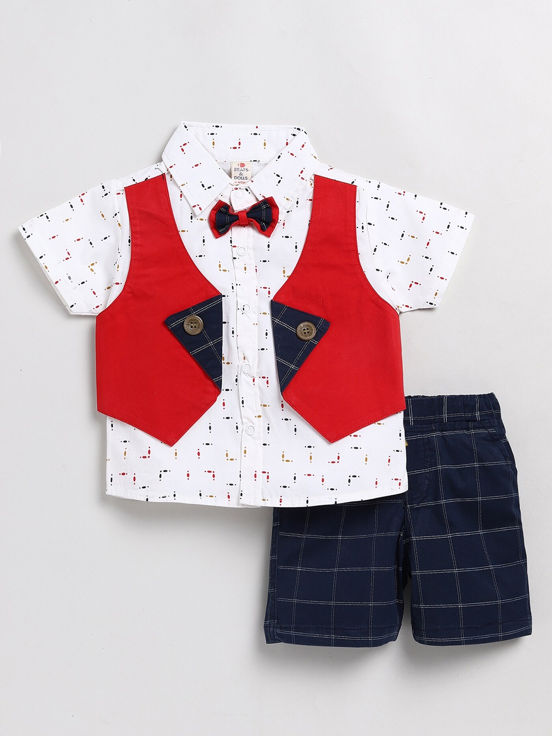 

BRATS AND DOLLS Boys Printed Pure Cotton Shirt With Shorts, Red