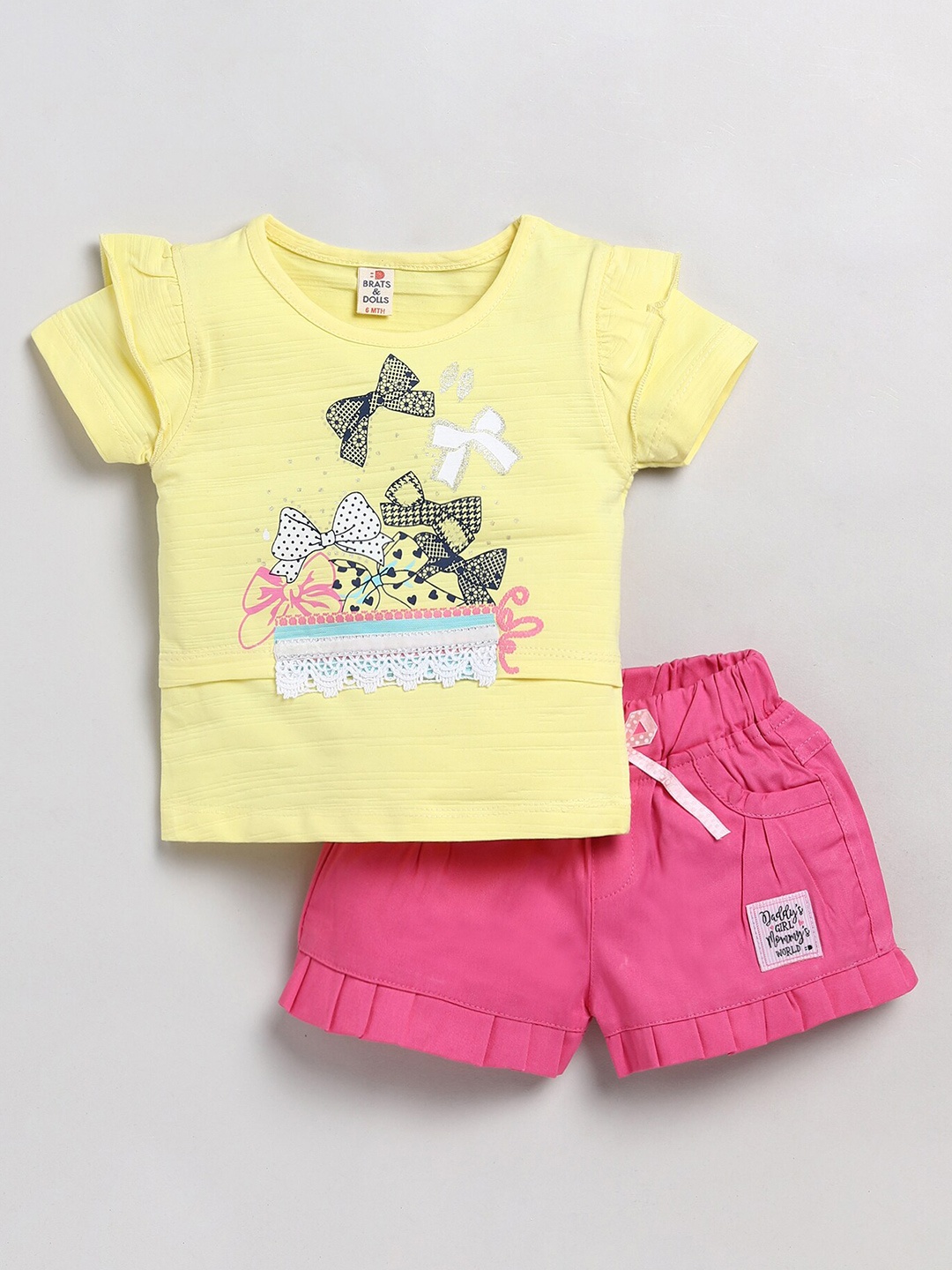 

BRATS AND DOLLS Girls Printed Pure Cotton Top With Shorts, Yellow