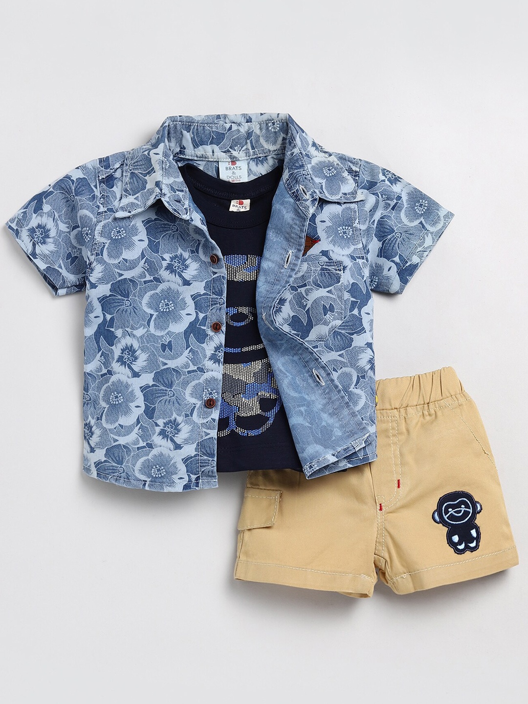 

BRATS AND DOLLS Boys Printed Pure Cotton T-shirt With Shorts & Shirt, Blue