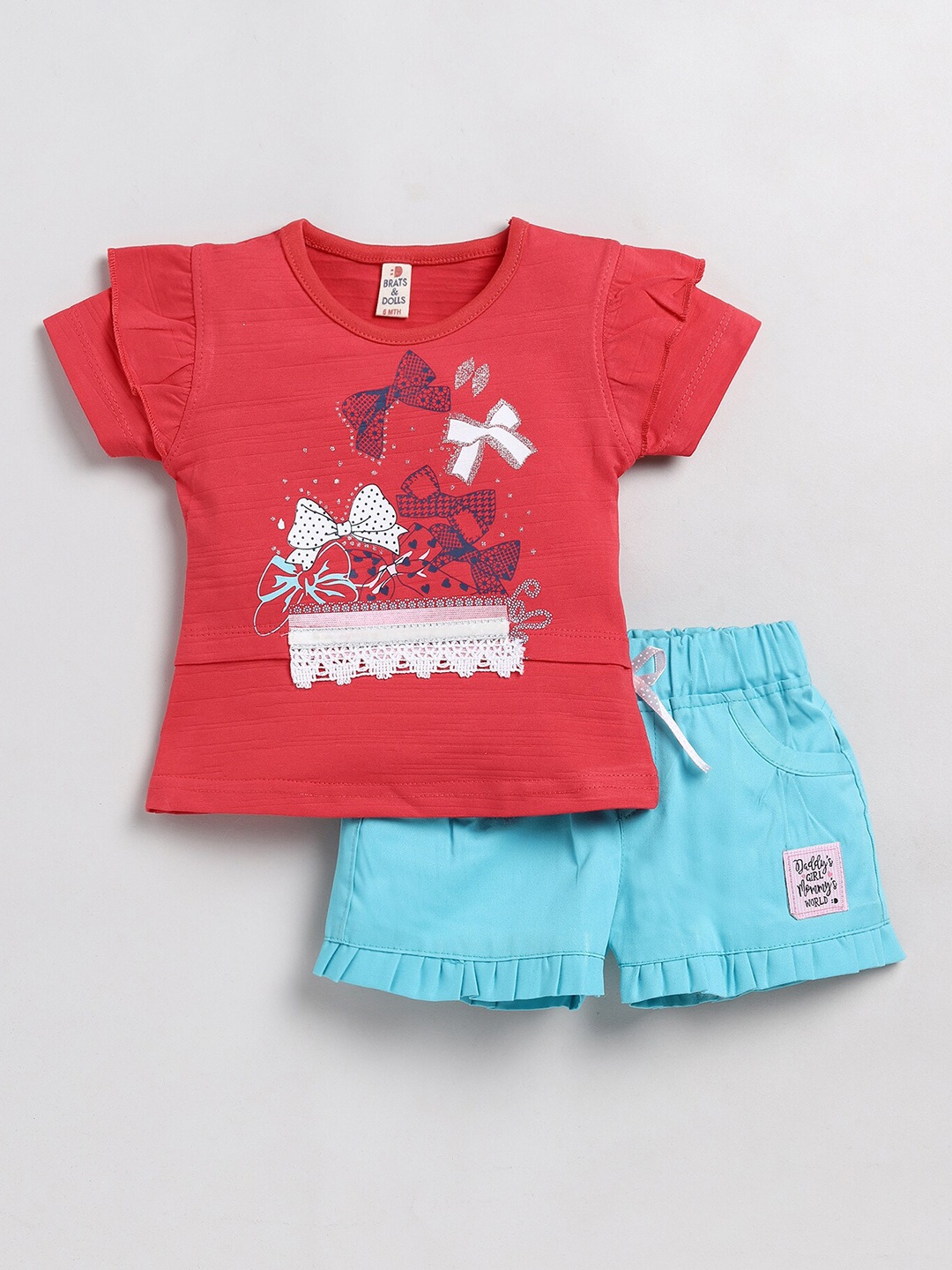 

BRATS AND DOLLS Girls Printed Pure Cotton Top With Shorts, Red