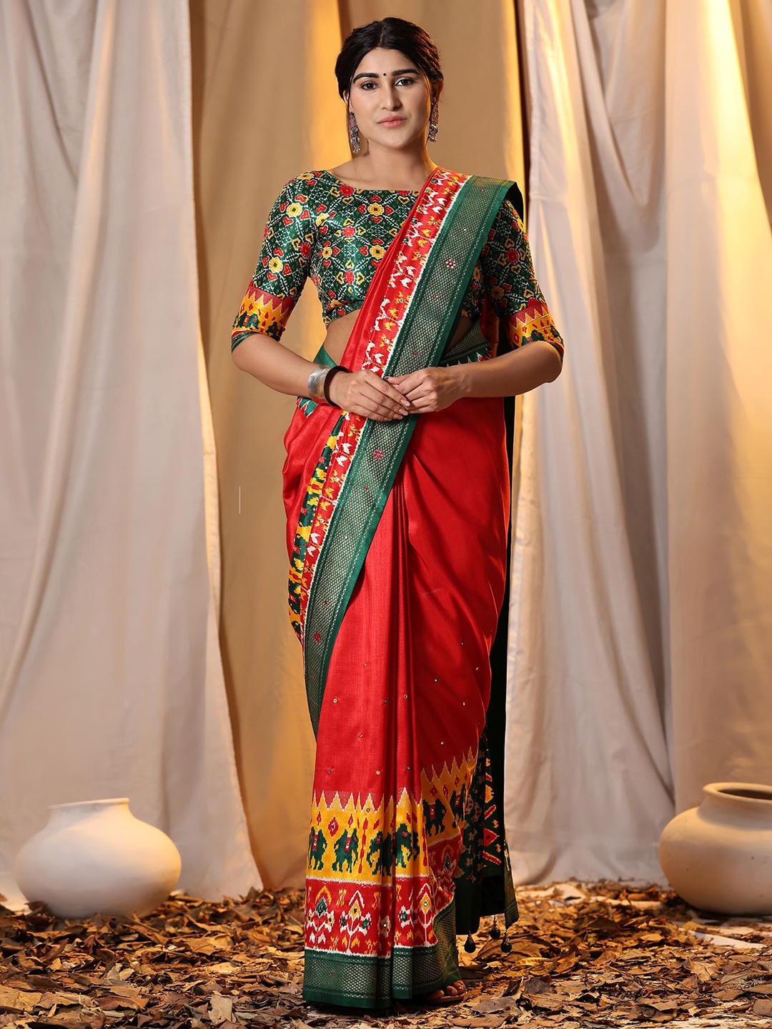 

Phenav Embellished Zari Pure Silk Patola Saree, Red