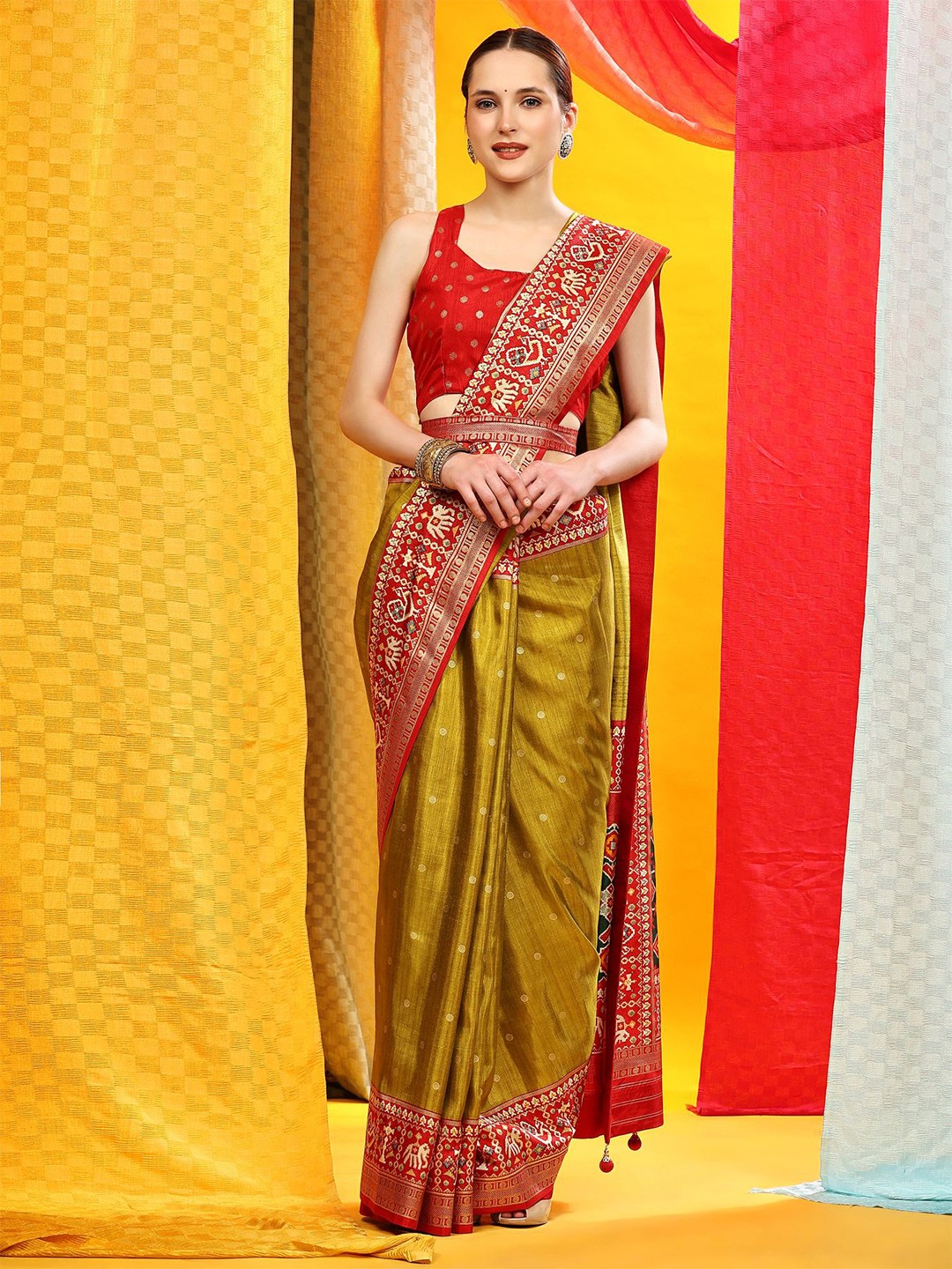 

Phenav Polka Dot Woven Design Zari Pure Silk Kanjeevaram Saree, Green