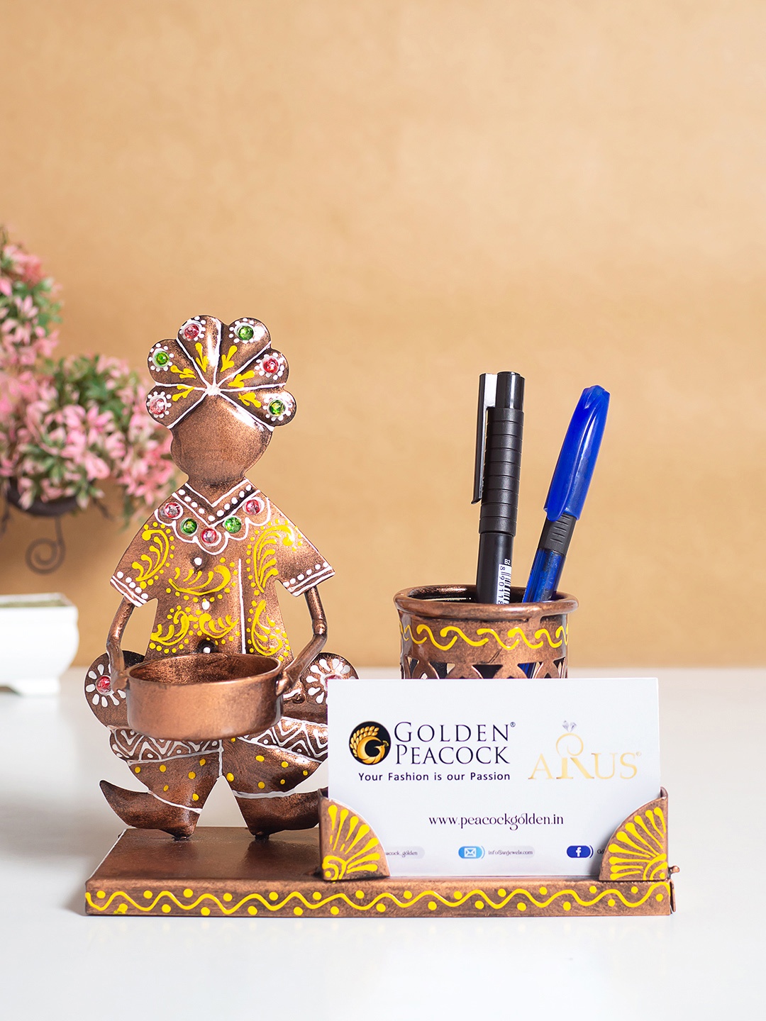 

Golden Peacock Yellow & white Pen-Visting Card Holder Showpieces