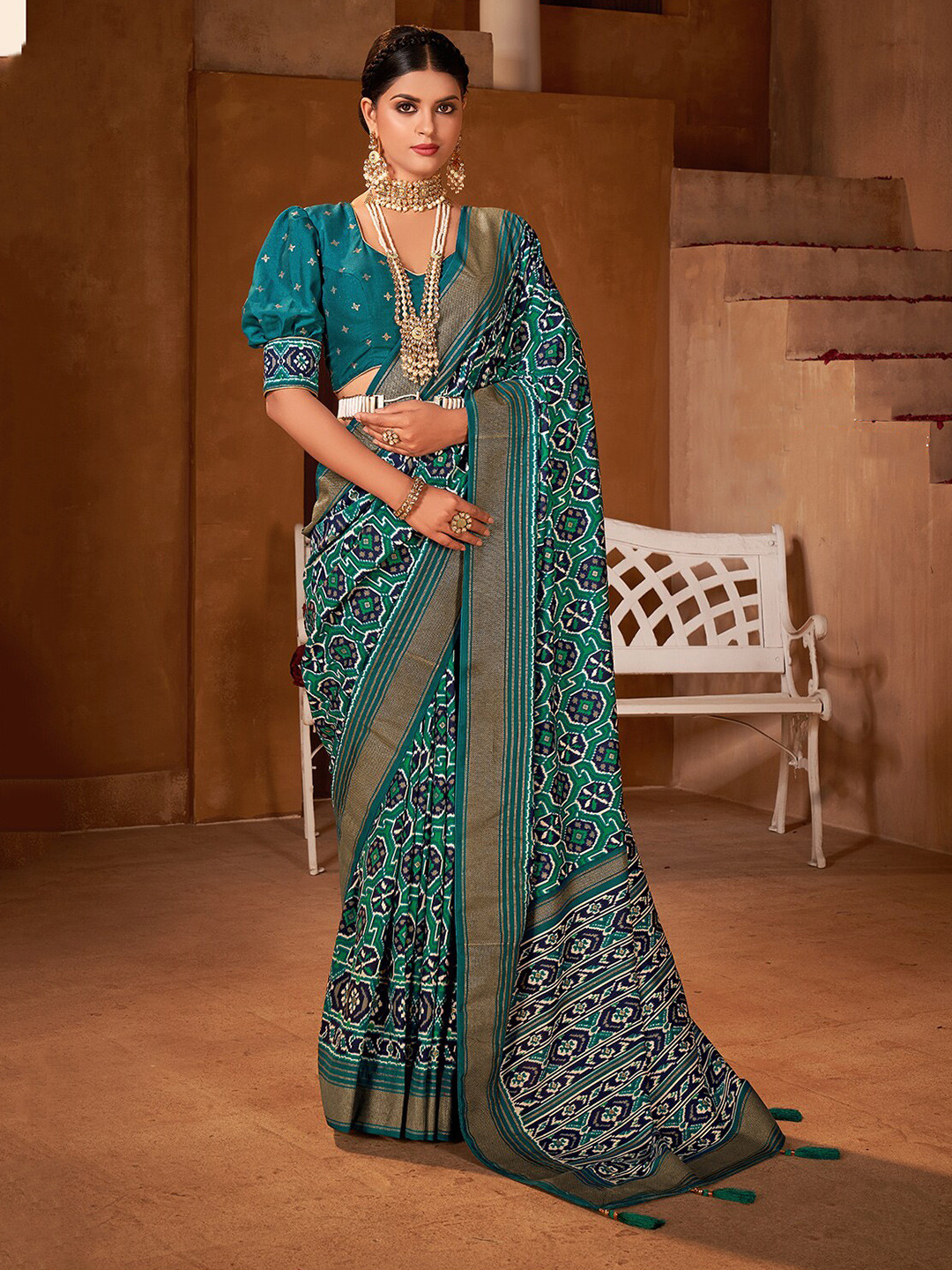 

Mitera Ajrak Block Printed Zari Silk Cotton Patola Saree, Green