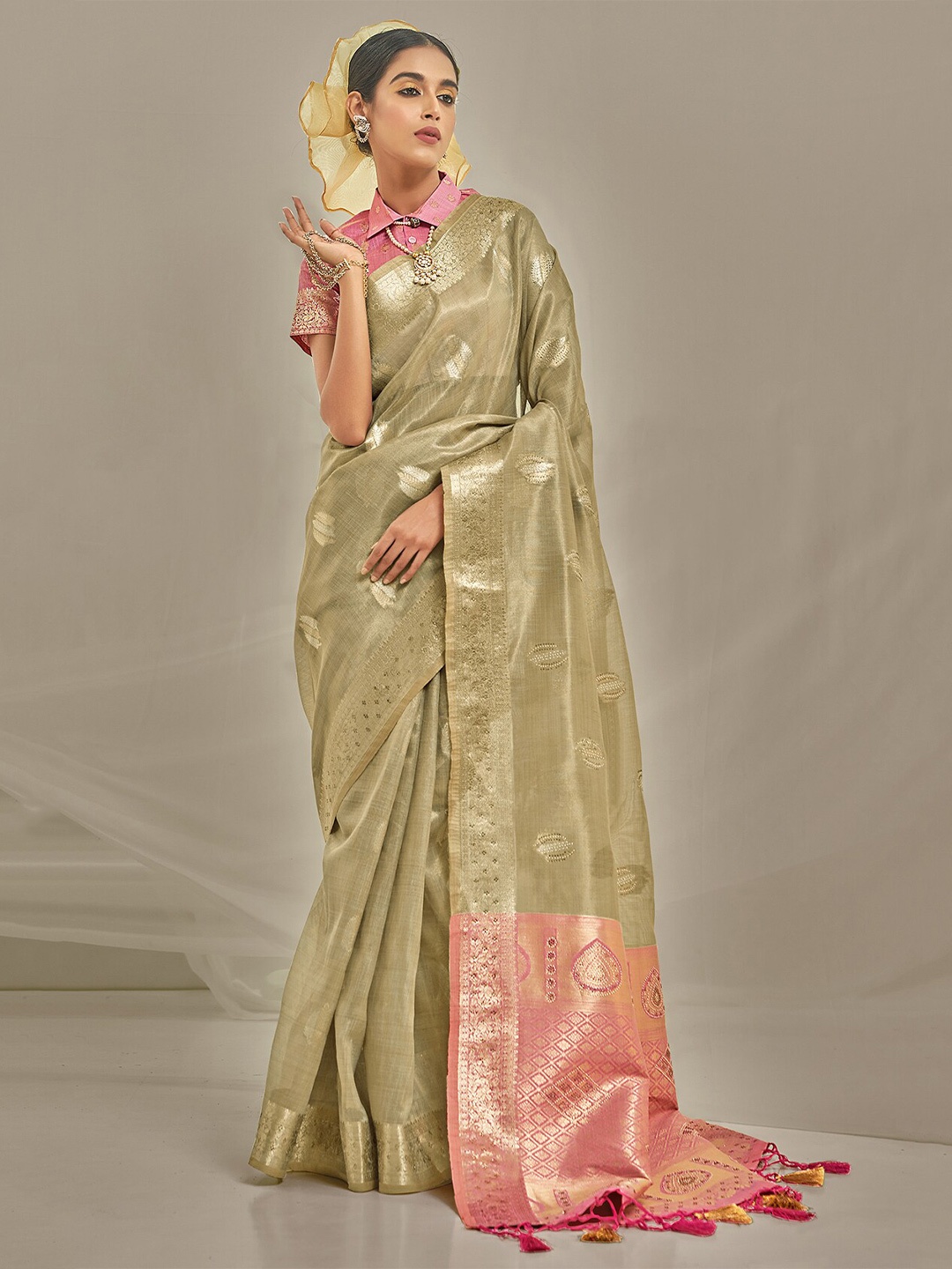 Mitera Woven Design Zari Art Silk Saree, Olive