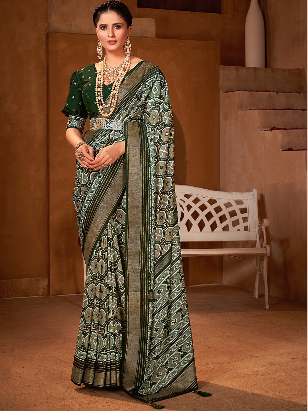 

Mitera Ajrak Block Zari Silk Cotton Patola Saree, Green